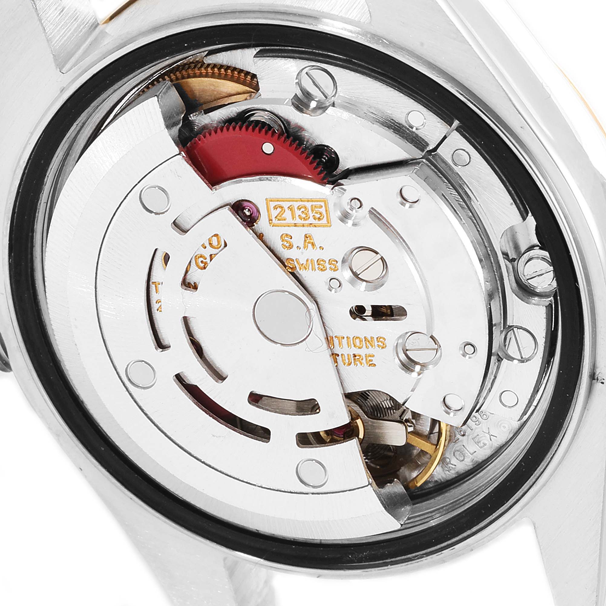 This image shows the internal mechanism of the Rolex Datejust 69173 Women
s Steel and Gold (two tone) Champagne Dial 69173 Women
s Steel and Gold (two tone) Champagne Dial watch from a rear angle with the back case removed.