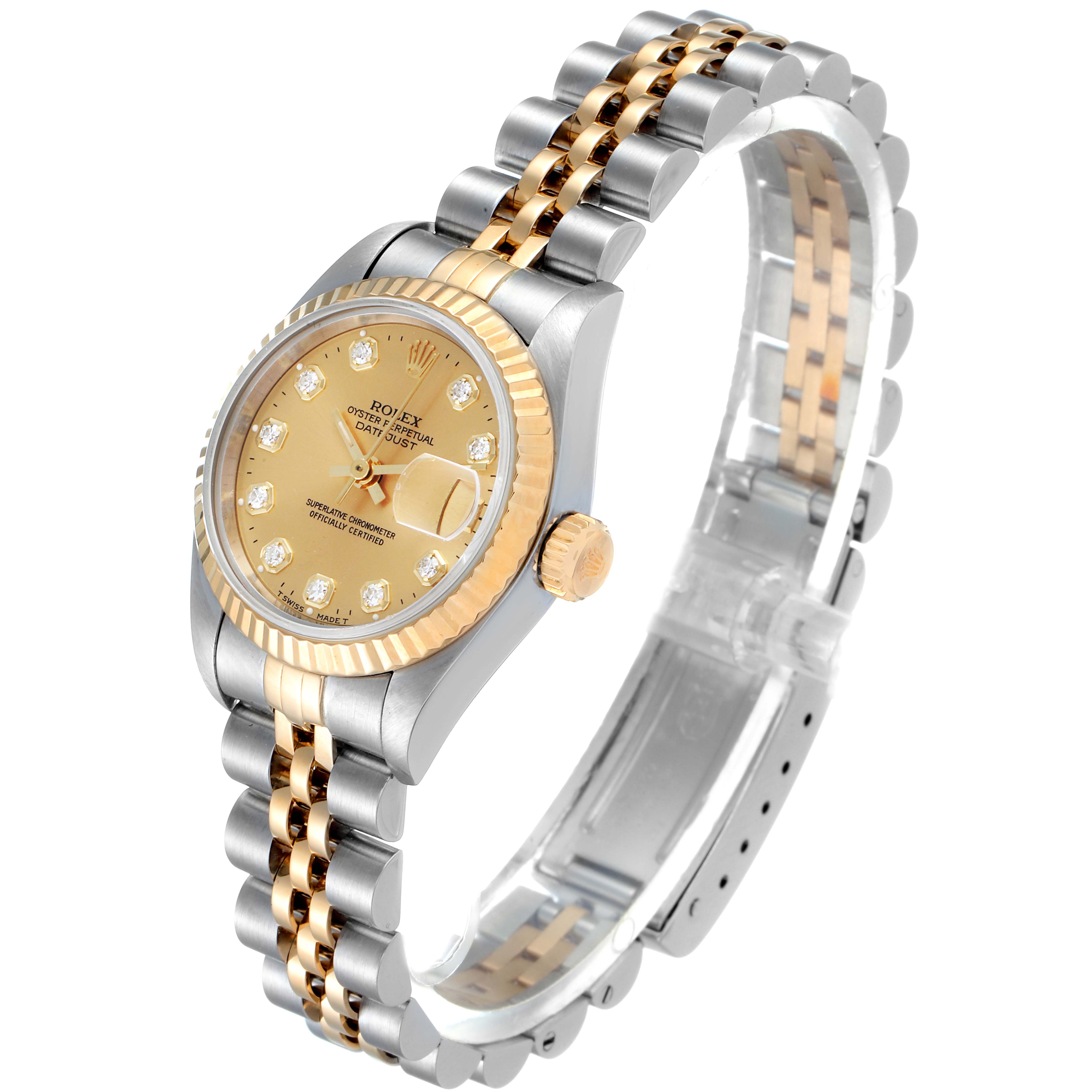 The image shows a Rolex Datejust 69173 Women
s Steel and Gold (two tone) Champagne Dial 69173 Women
s Steel and Gold (two tone) Champagne Dial watch at a three-quarter angle, highlighting its two-tone bracelet, bezel, and dial with diamond markers.