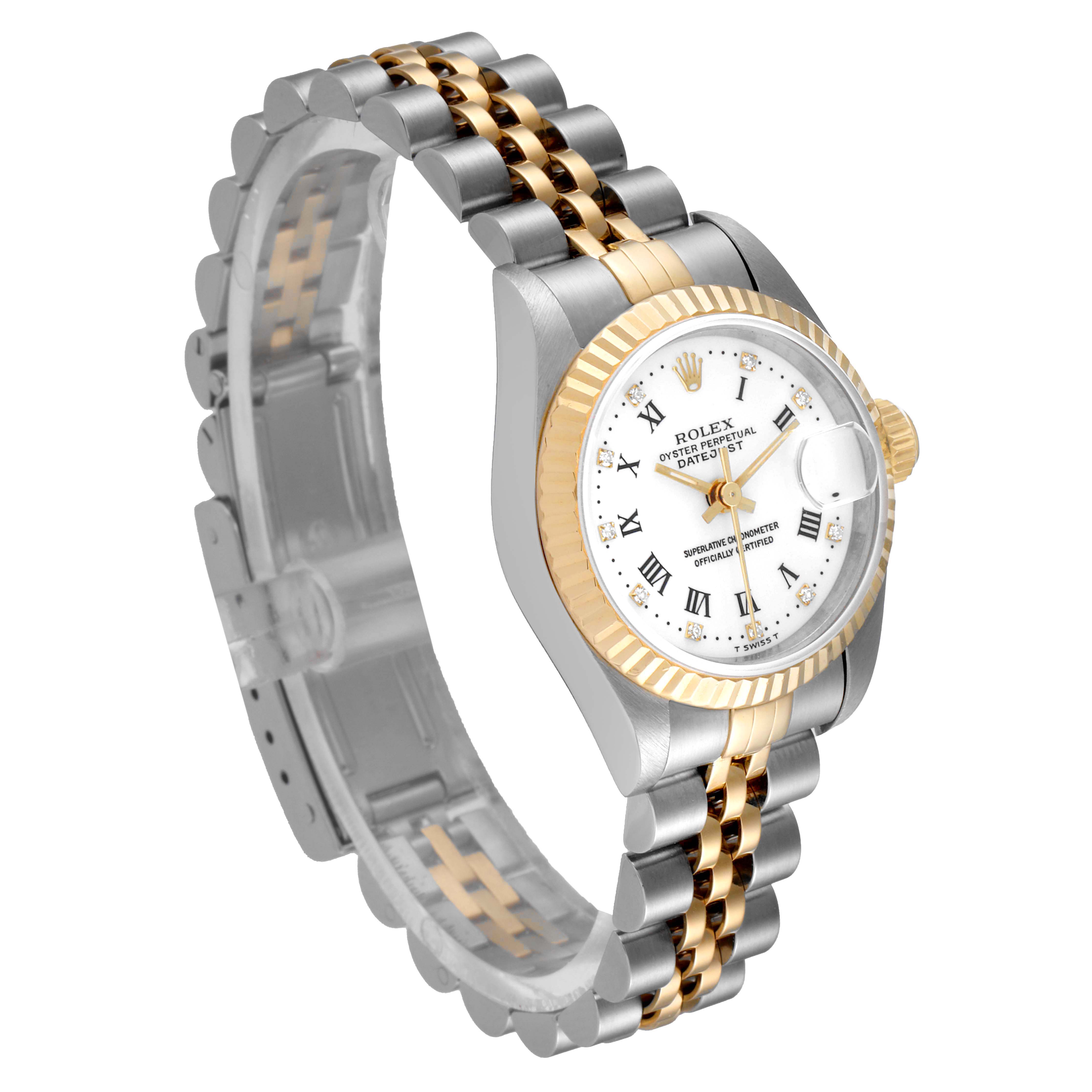 This image shows a Rolex Datejust 69173 Women's Steel and Gold (two tone) White Dial 69173 Women's Steel and Gold (two tone) White Dial watch at an angle highlighting the face, bezel, and two-tone bracelet.