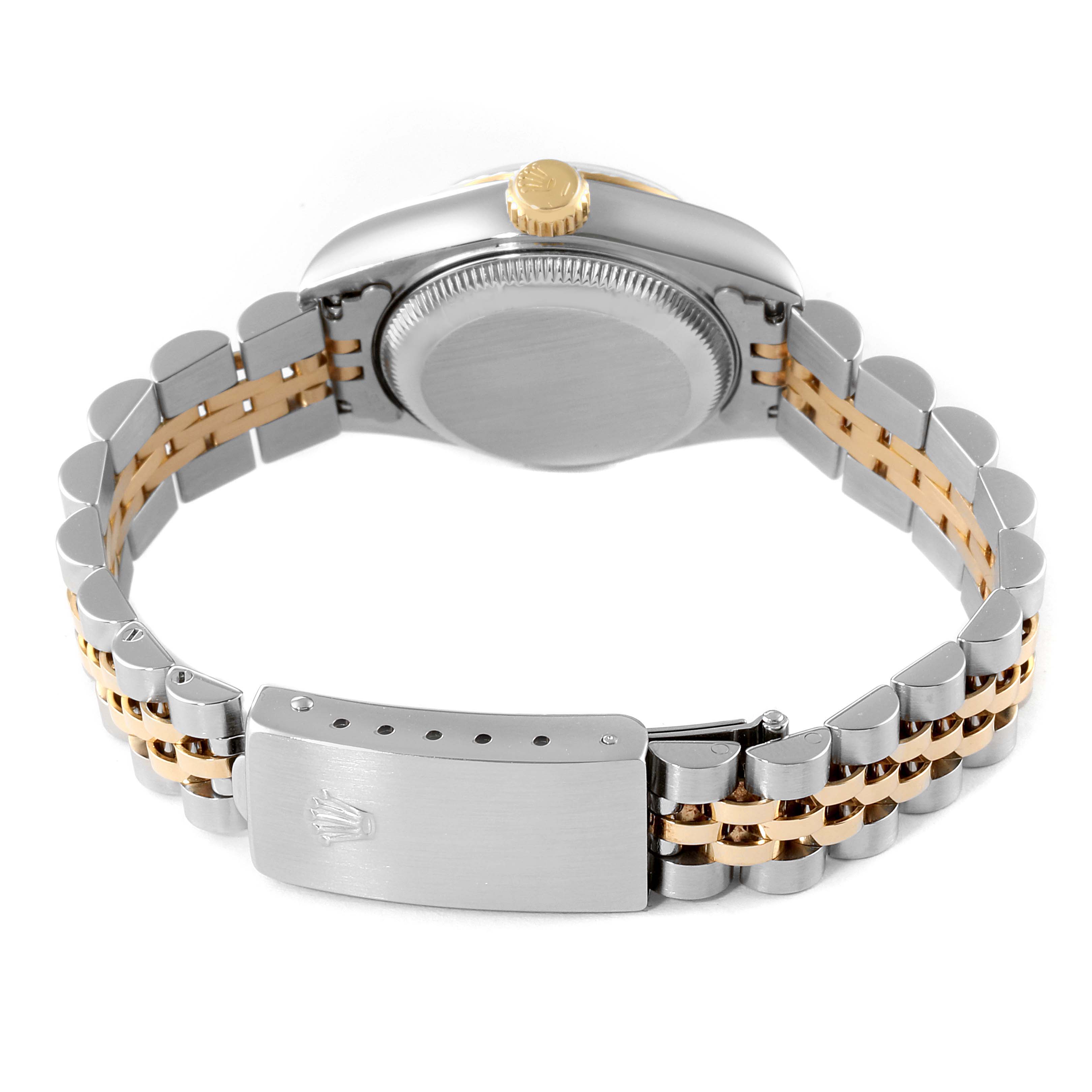 This image shows the back of a Rolex Datejust 69173 Women's Steel and Gold (two tone) White Dial 69173 Women's Steel and Gold (two tone) White Dial watch, highlighting the caseback, crown, and two-tone bracelet.