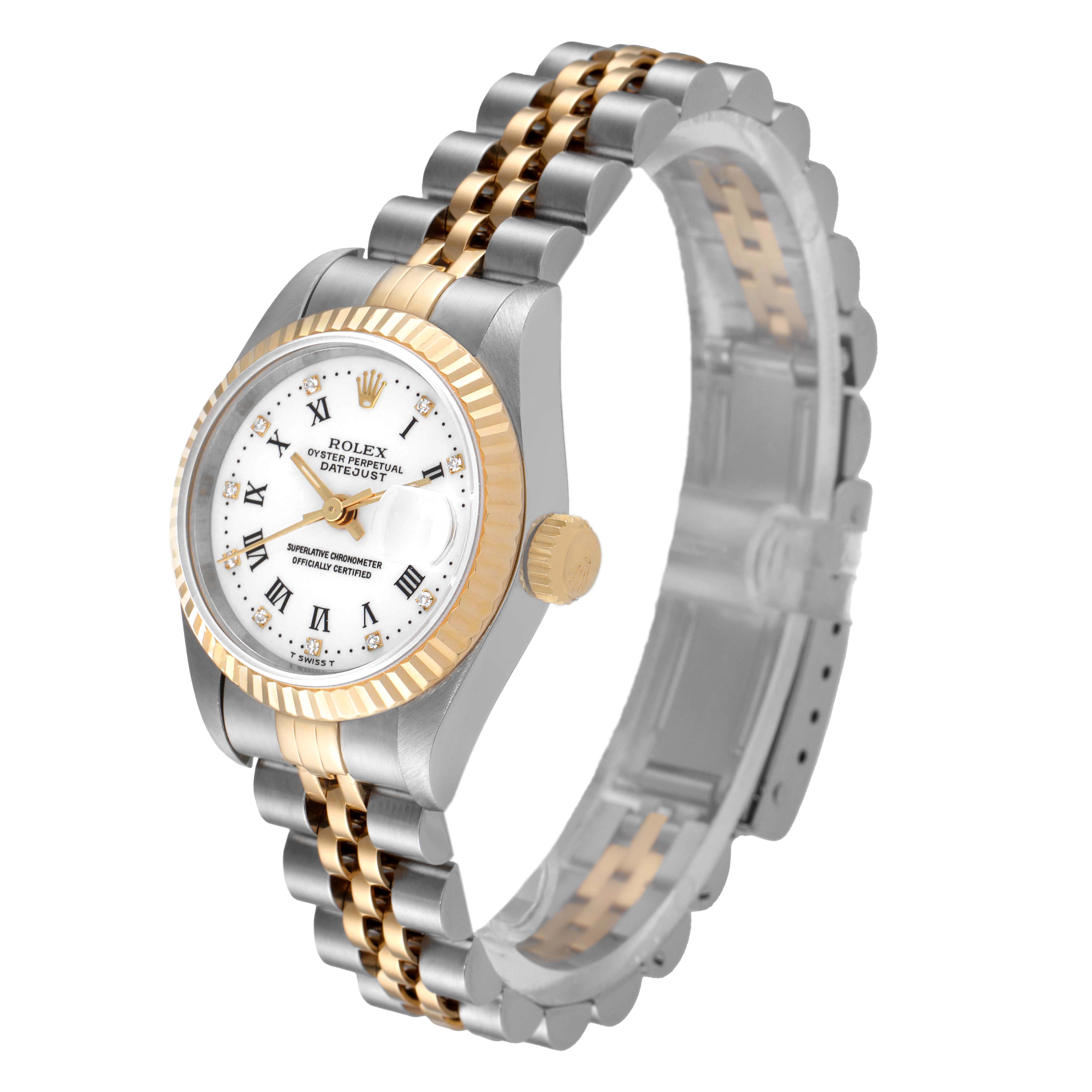 The Rolex Datejust 69173 Women's Steel and Gold (two tone) White Dial 69173 Women's Steel and Gold (two tone) White Dial watch is shown at a front-side angle, highlighting its face, bezel, crown, and two-tone bracelet.