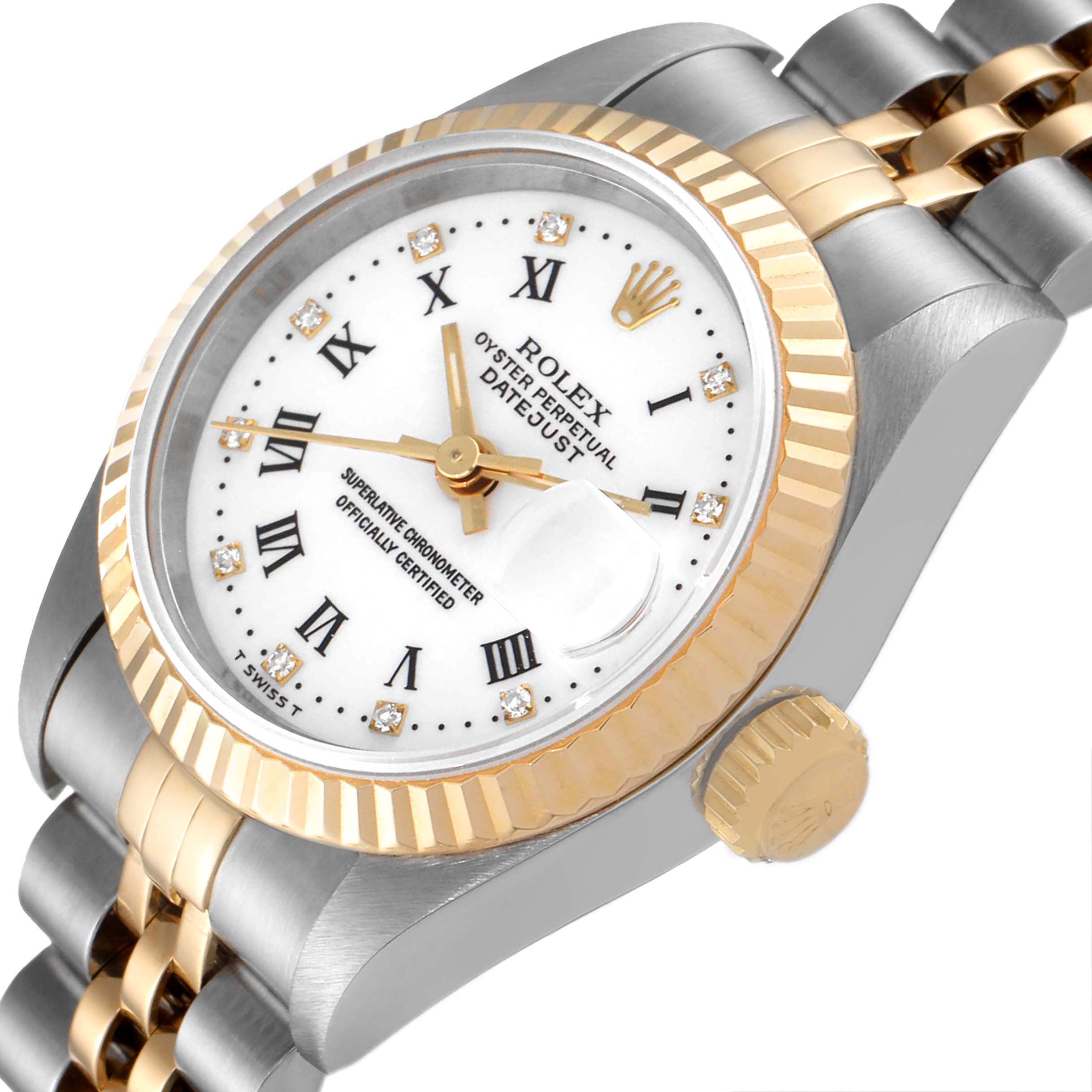 The image shows a close-up, angled view of the Rolex Datejust 69173 Women's Steel and Gold (two tone) White Dial 69173 Women's Steel and Gold (two tone) White Dial watch, featuring its dial, bezel, and part of the bracelet.