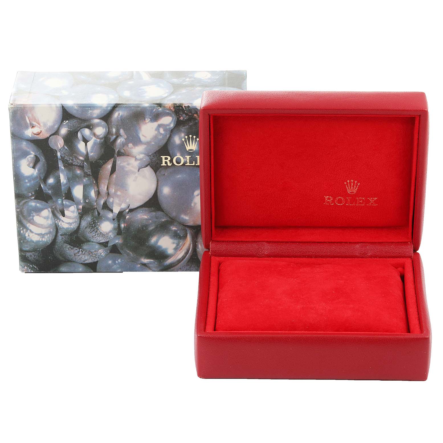 The image shows a red Rolex Datejust 69173 Women's Steel and Gold (two tone) White Dial 69173 Women's Steel and Gold (two tone) White Dial watch box with the lid open, revealing the interior, alongside a decorative outer box.