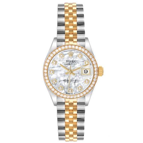 The Rolex Datejust 279383 Women's Steel and Gold (two tone) Mother of Pearl Dial watch is shown from a top-down angle, highlighting its two-tone bracelet and diamond-set bezel.