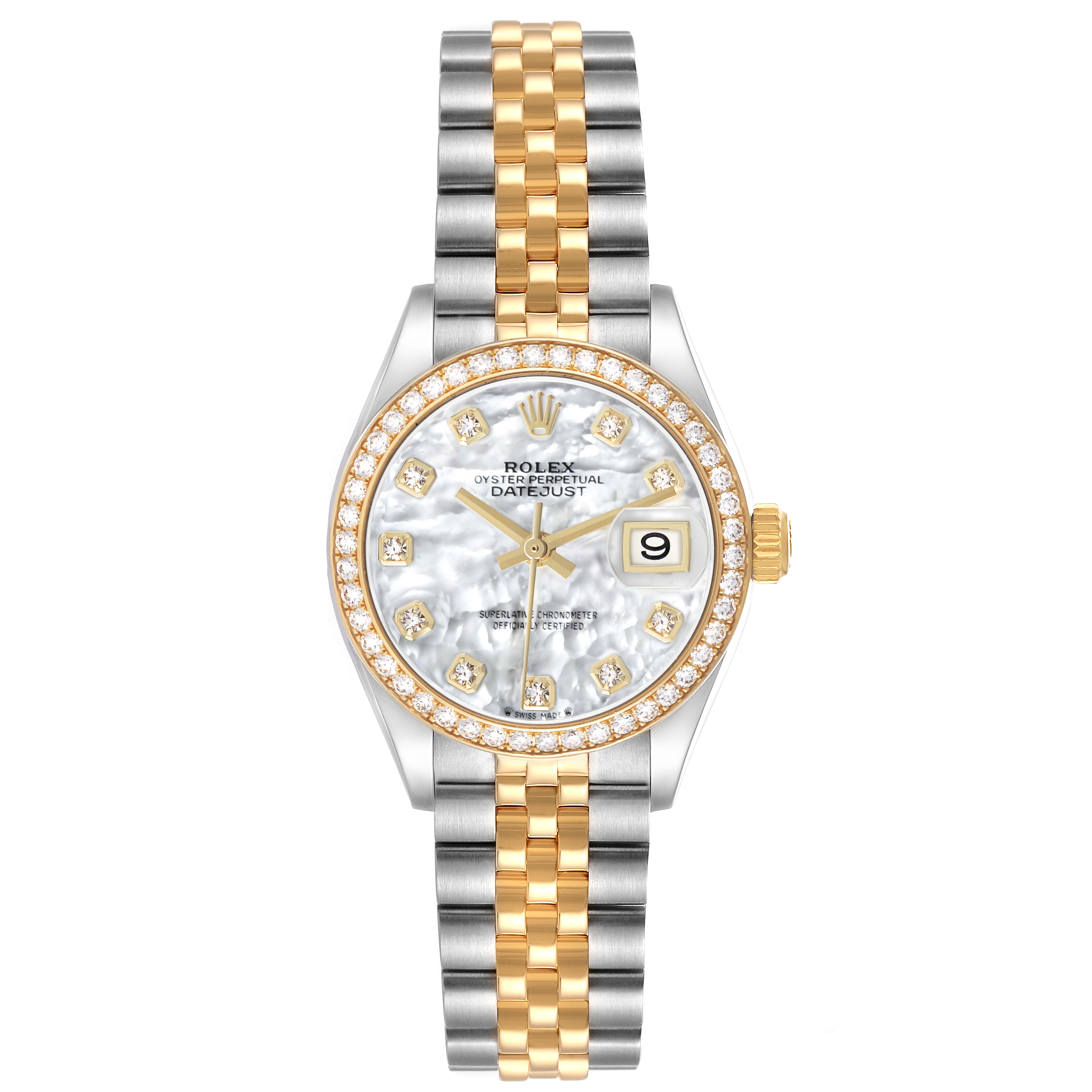 The image shows a front view of a Rolex Datejust 279383 Women's Steel and Gold (two tone) Mother of Pearl Dial watch, highlighting its two-tone bracelet, diamond bezel, and dial.