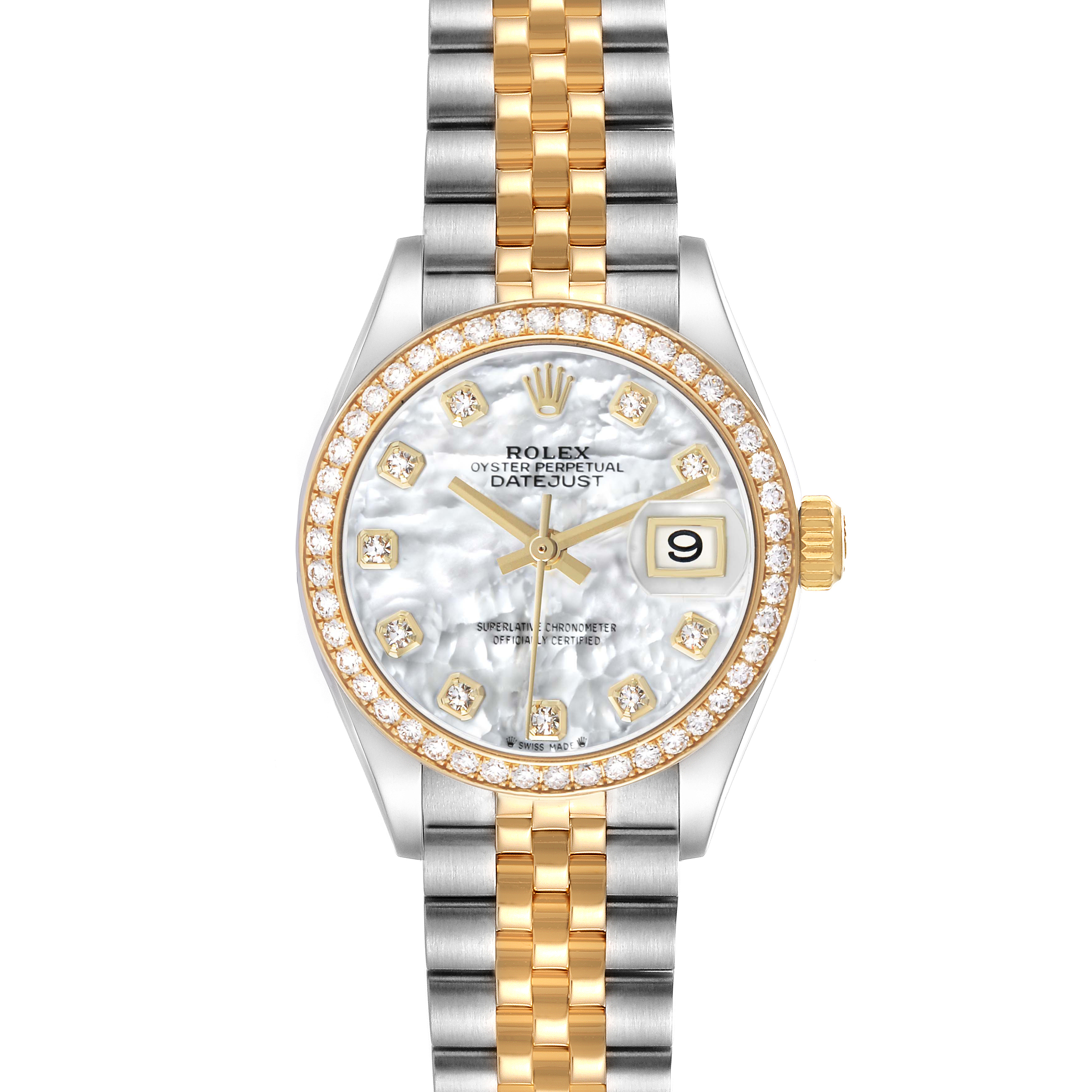 The Rolex Datejust 279383 Women's Steel and Gold (two tone) Mother of Pearl Dial watch is shown from the front, displaying its dial, bezel, and jubilee bracelet.