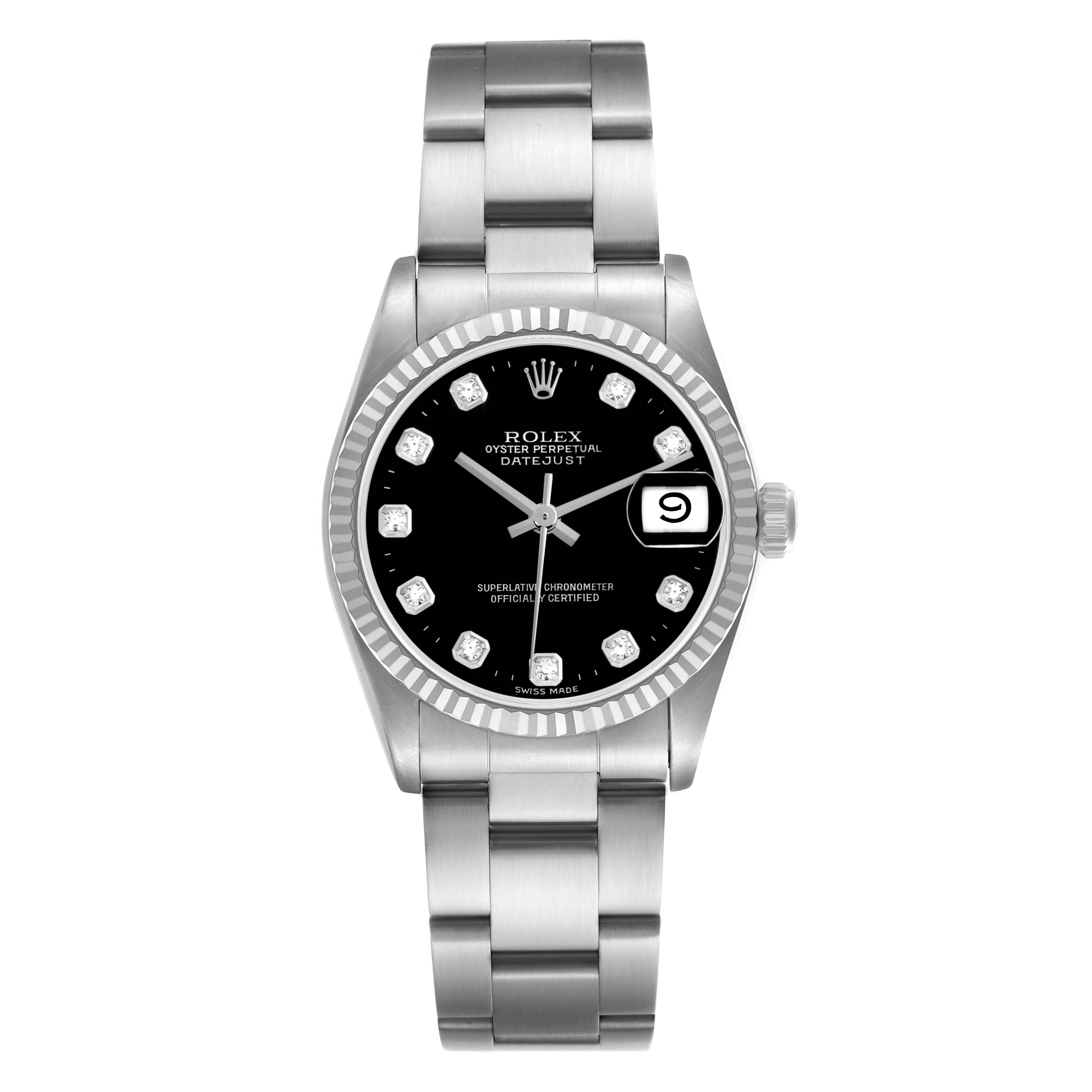 The Rolex Mid-Size 68274 Women's Stainless Steel Black Dial 68274 Women's Stainless Steel Black Dial Datejust watch is shown from a top-down angle, displaying the face, bracelet, and date feature.