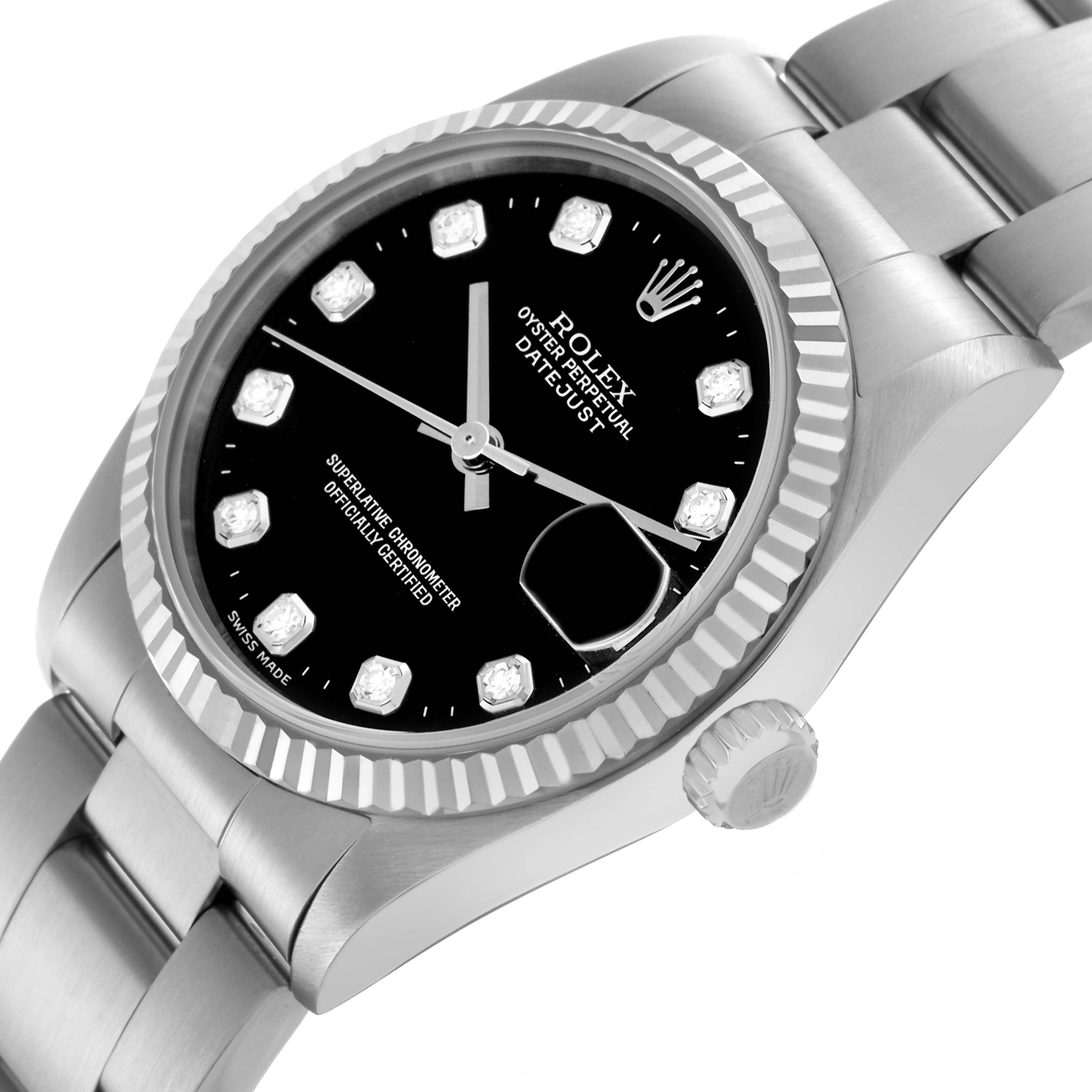 The Rolex Datejust Mid-Size watch is shown at a slight side angle, displaying the case, bezel, bracelet, and crown.