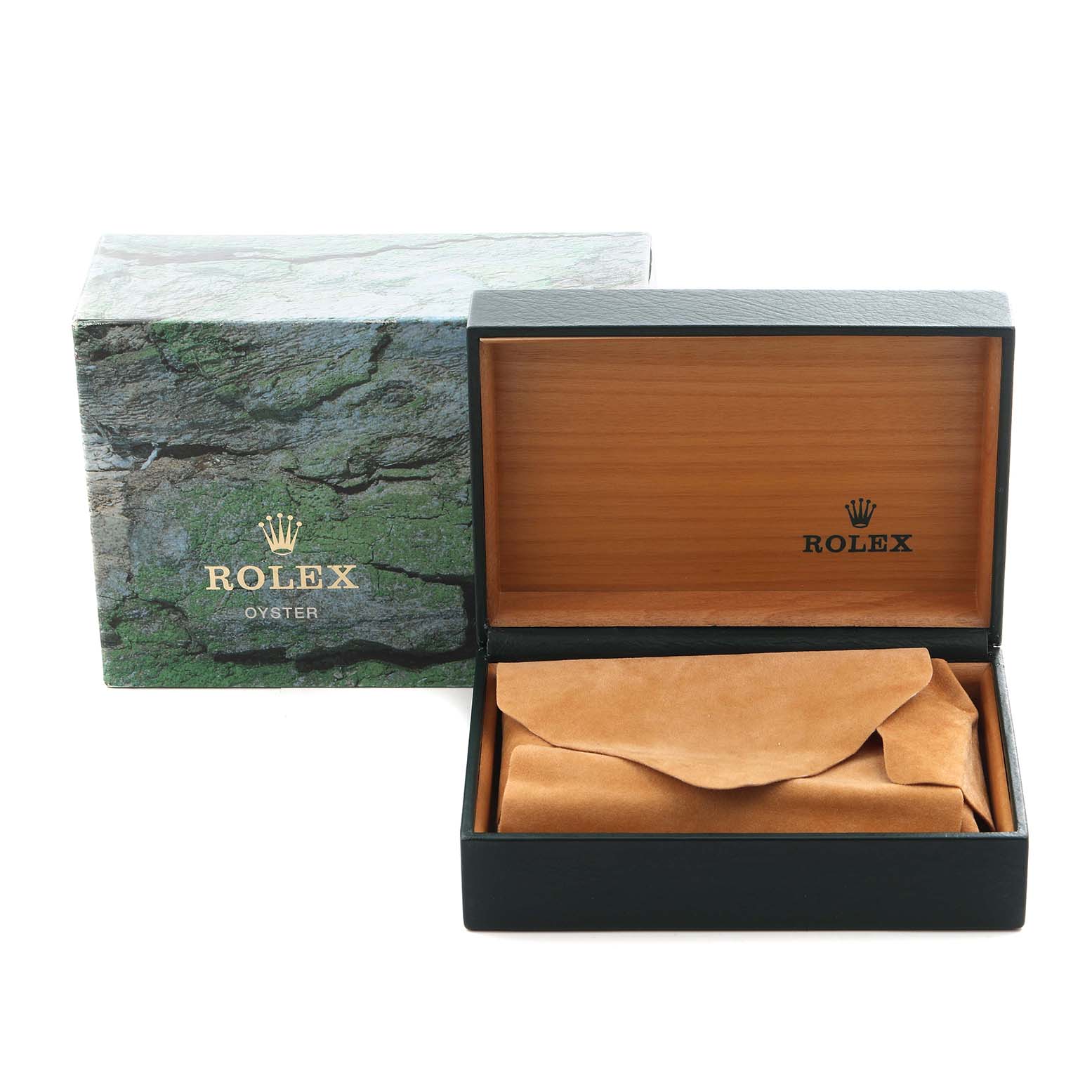 The image shows a Rolex box with the lid open, revealing a suede pouch inside, and an outer box featuring the Rolex logo.
