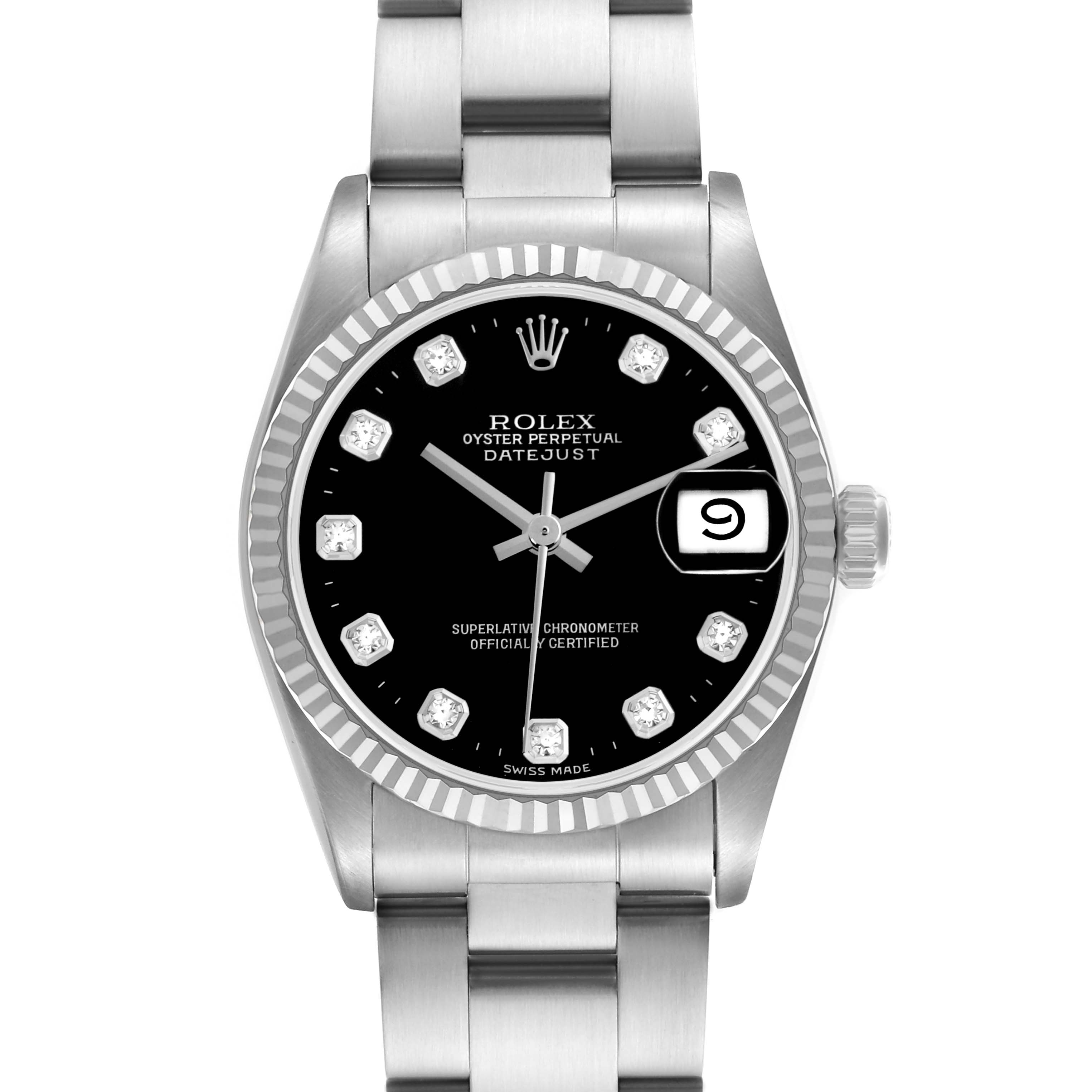 The Rolex Datejust Mid-Size watch is shown from the front, displaying the dial, bezel, and part of the bracelet strap.