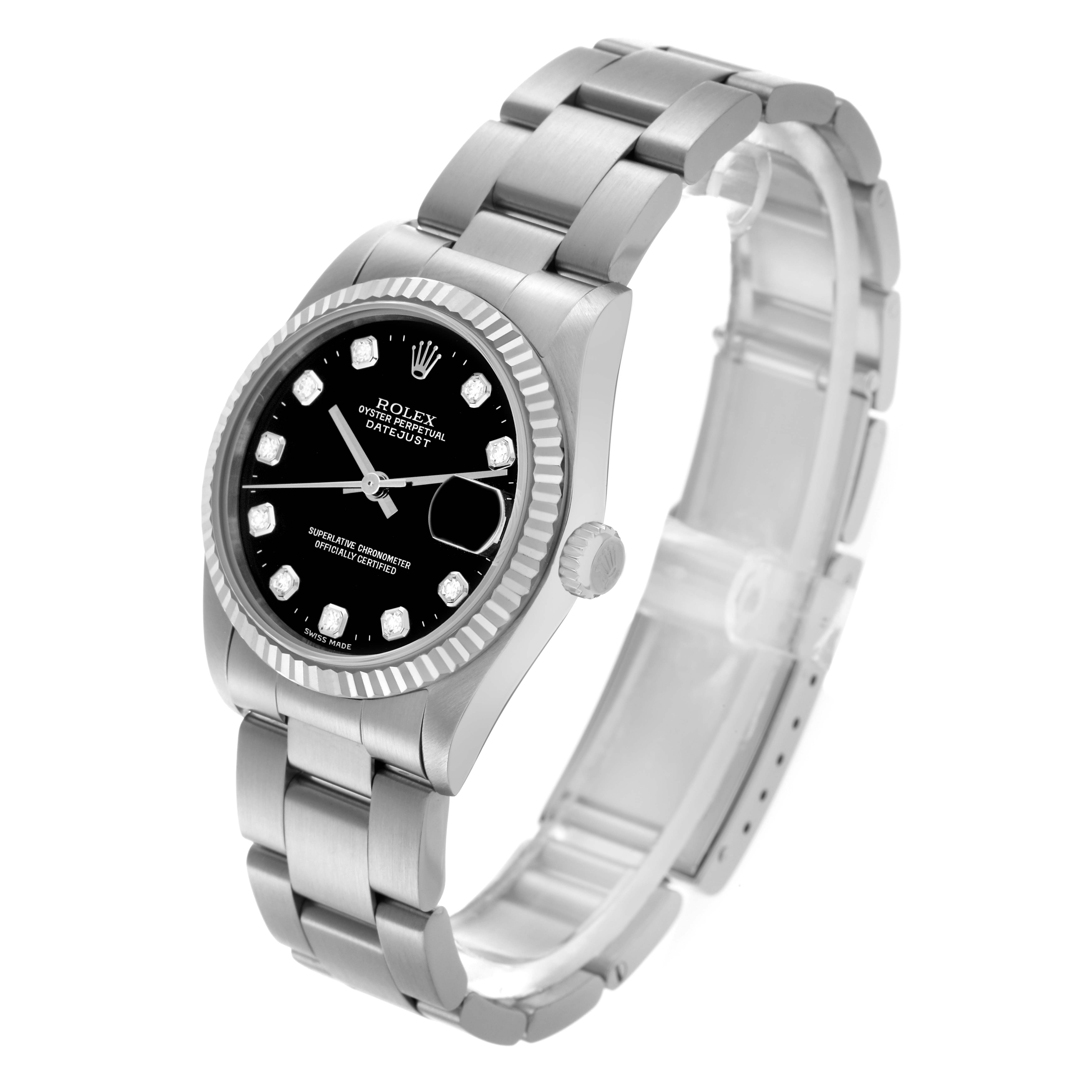 The Rolex Mid-Size 68274 Women's Stainless Steel Black Dial 68274 Women's Stainless Steel Black Dial watch is shown in a three-quarter angle, highlighting the bracelet, bezel, crown, and dial.