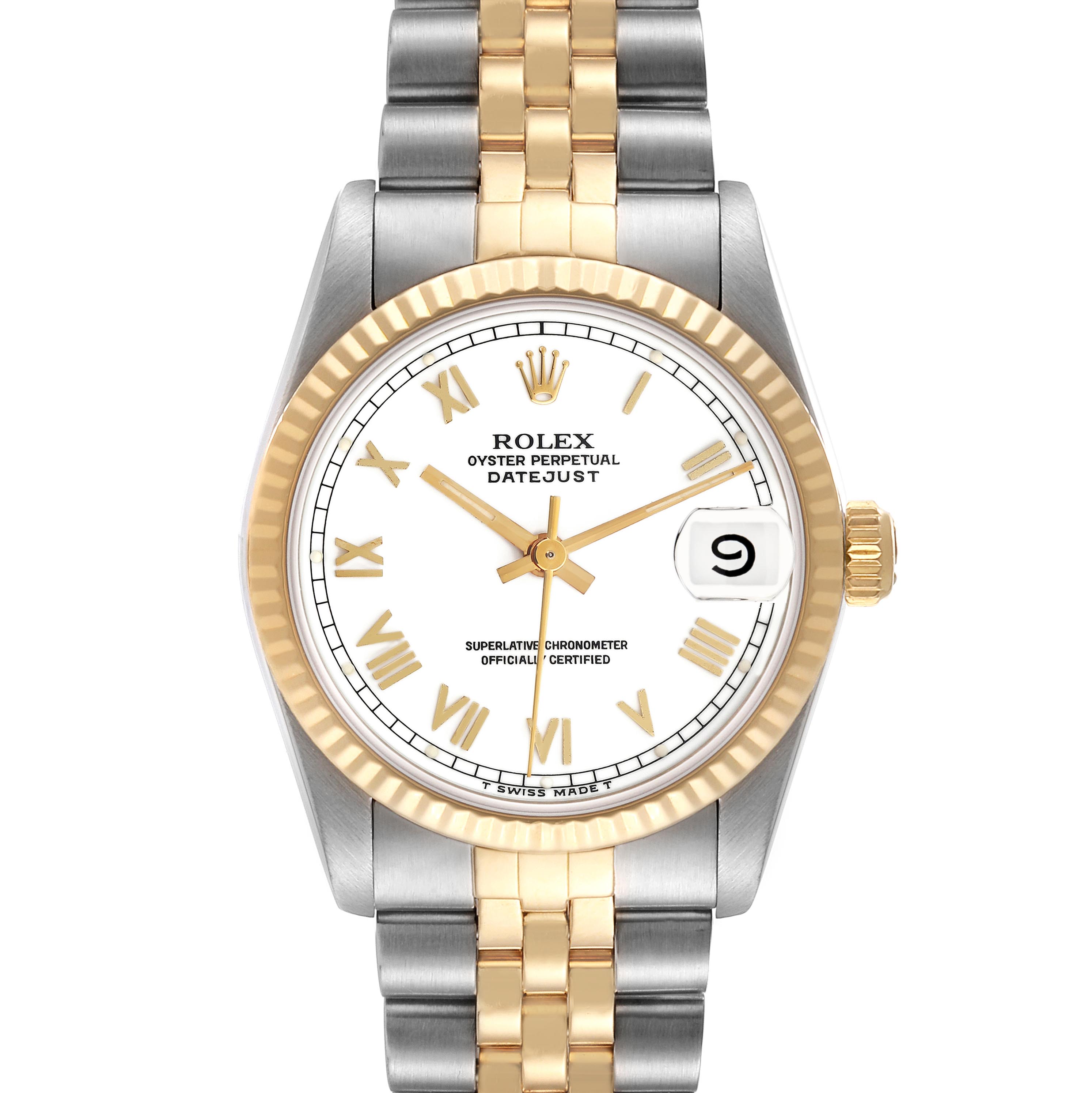 The Rolex Mid-Size 68273 Women's Steel and Gold (two tone) White Dial 68273 Women's Steel and Gold (two tone) White Dial Datejust watch is shown from a front angle, highlighting its dial, bezel, and bracelet.