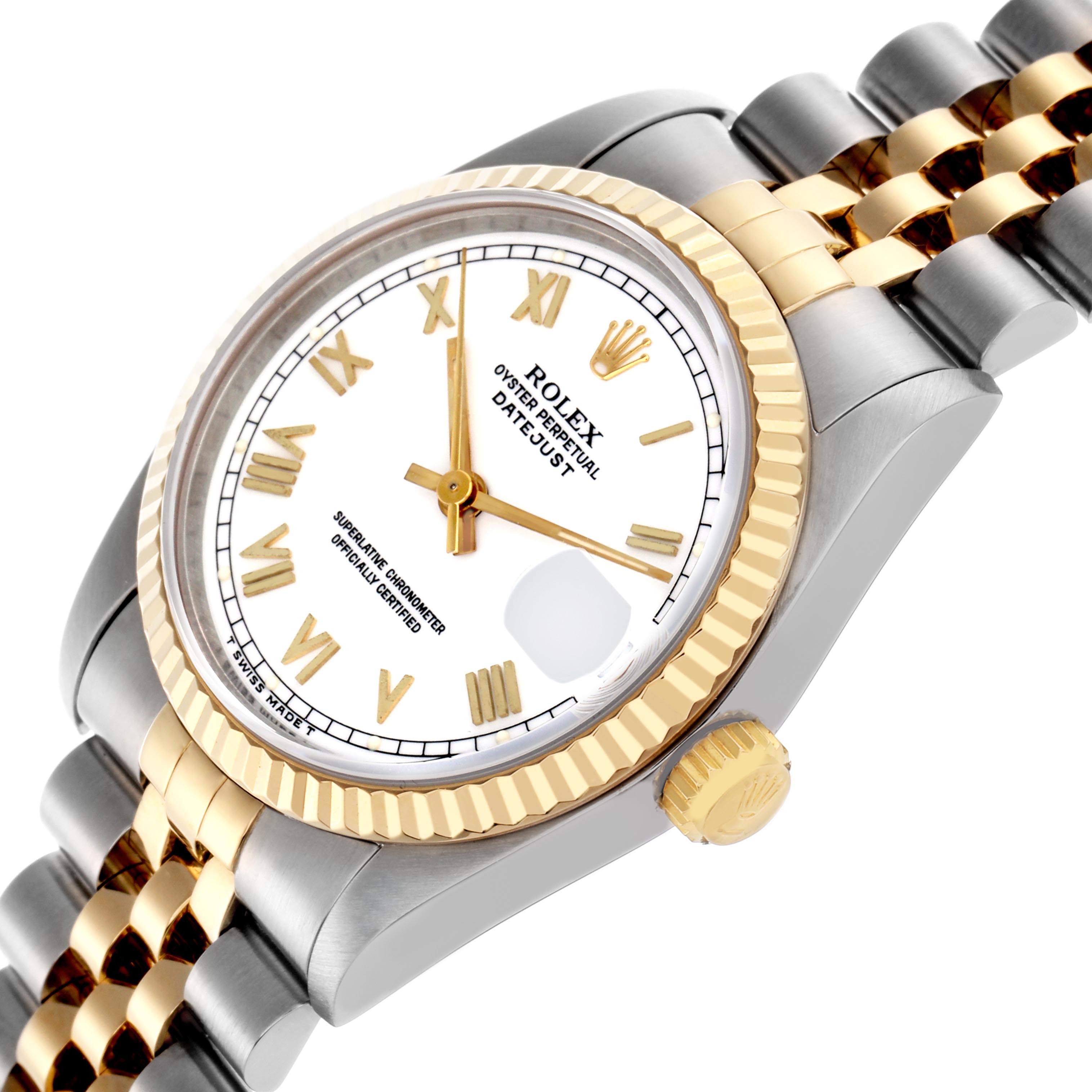 The Rolex Mid-Size 68273 Women's Steel and Gold (two tone) White Dial 68273 Women's Steel and Gold (two tone) White Dial watch is shown from an angled side view, highlighting the bezel, case, and part of the bracelet.