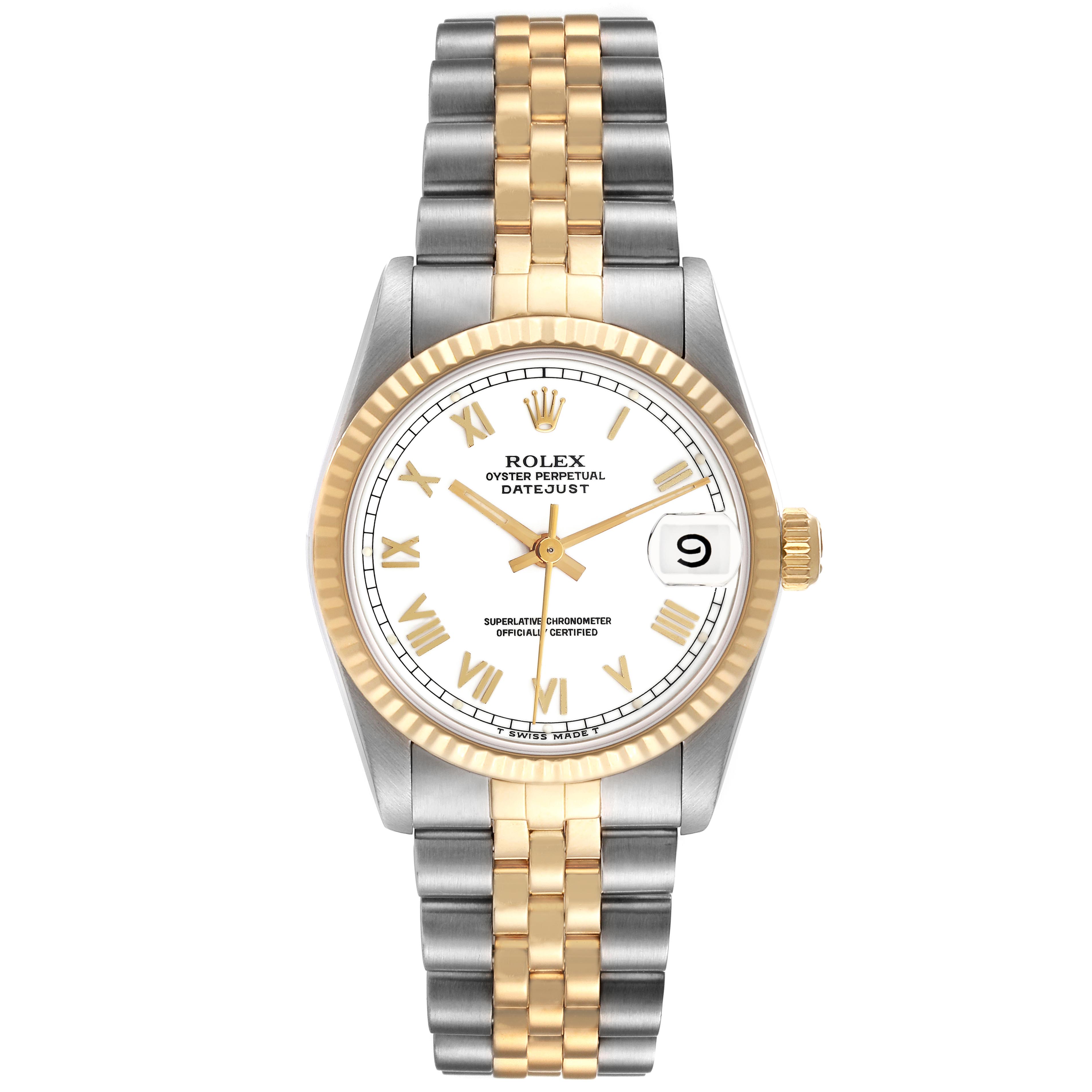 The Rolex Mid-Size 68273 Women's Steel and Gold (two tone) White Dial 68273 Women's Steel and Gold (two tone) White Dial Datejust watch is shown from a top-down angle, displaying its face, bezel, and two-tone bracelet.