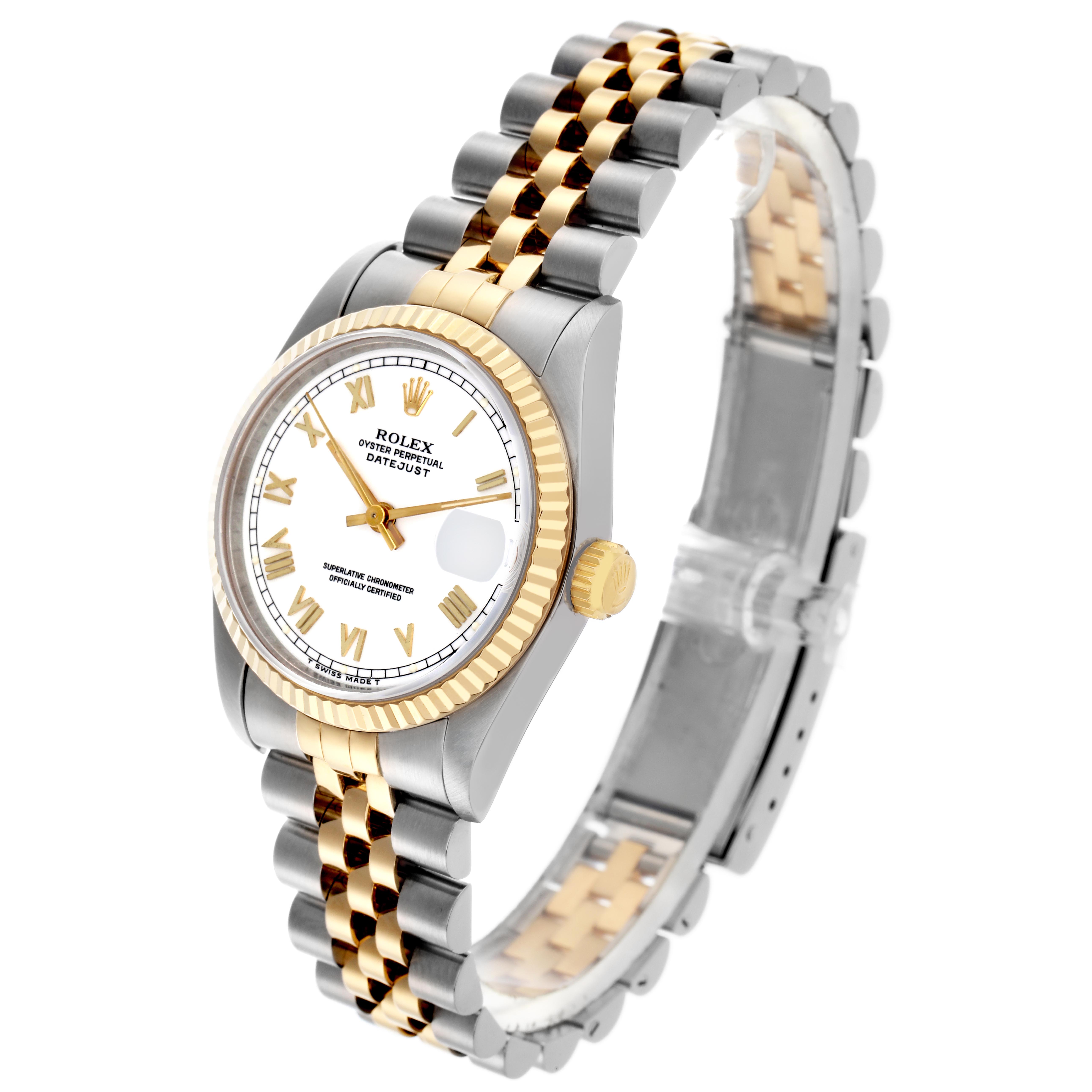 The Rolex Datejust Mid-Size watch is shown at a three-quarter angle, highlighting the dial, bezel, and bracelet.