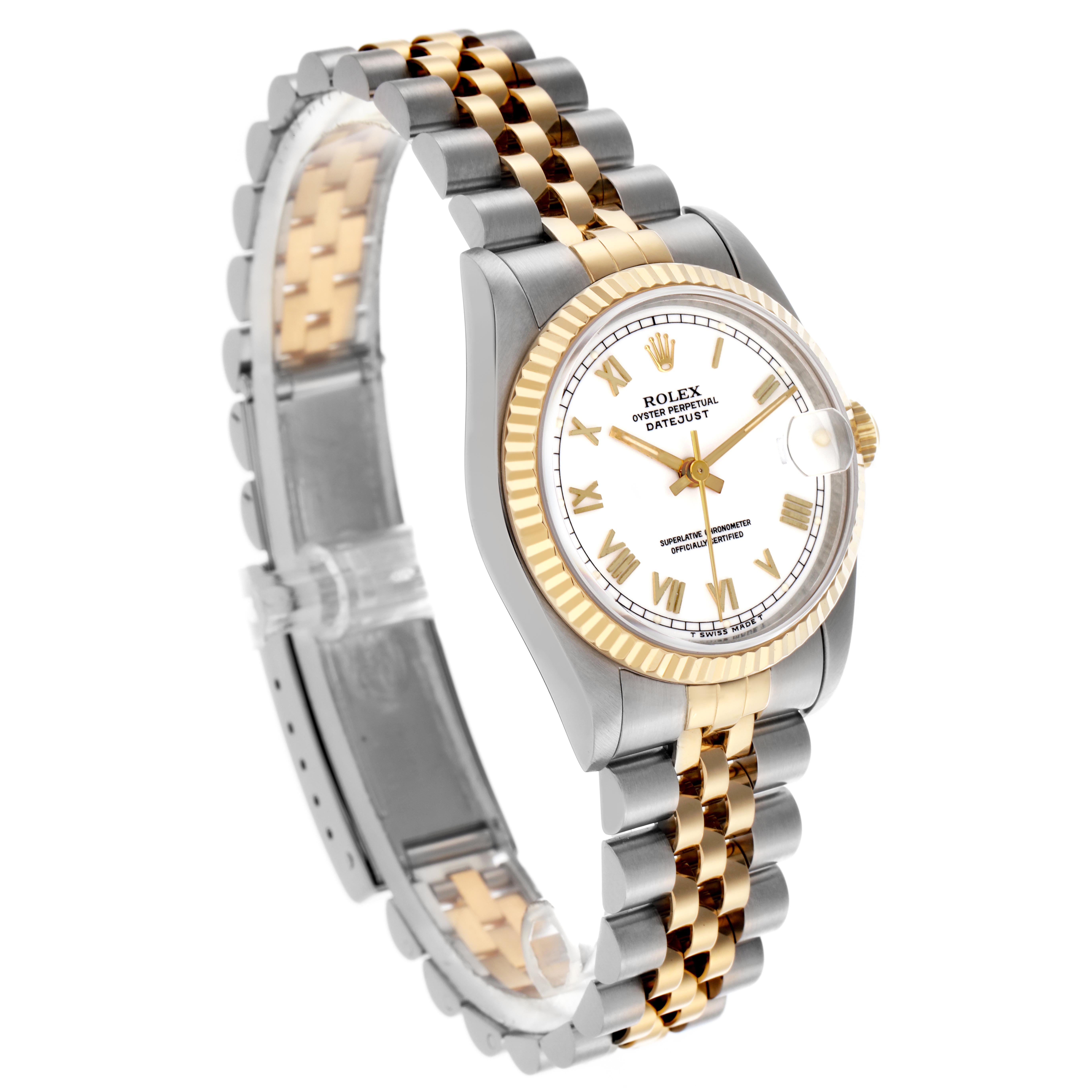 The Rolex Mid-Size 68273 Women's Steel and Gold (two tone) White Dial 68273 Women's Steel and Gold (two tone) White Dial watch is shown at a three-quarter angle, displaying the dial, bezel, and two-tone bracelet.