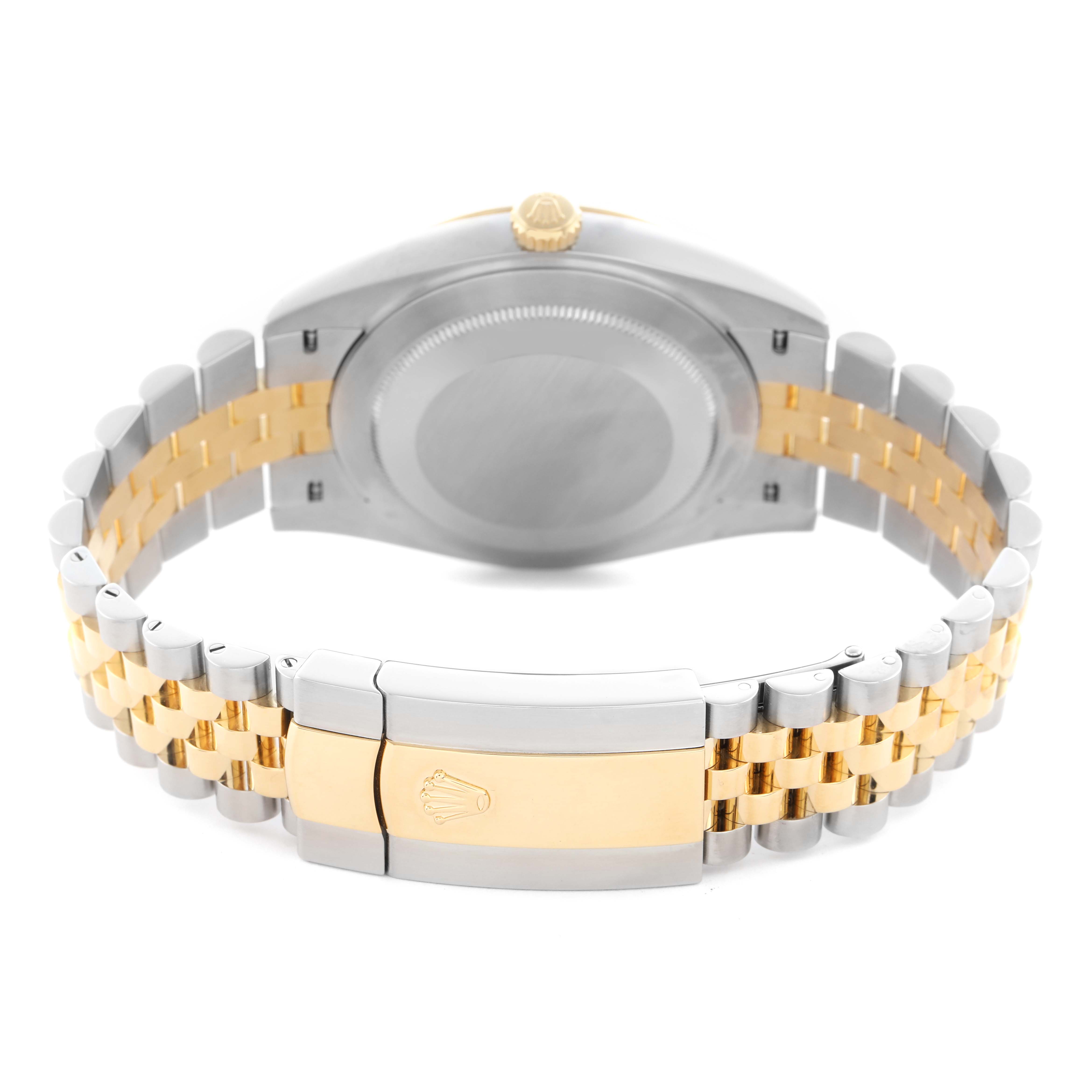 The image shows the back of the Rolex Datejust 41 126333 Men
s Steel and Gold (two tone) Silver Dial 126333 Men
s Steel and Gold (two tone) Silver Dial, focusing on the two-tone bracelet and clasp.