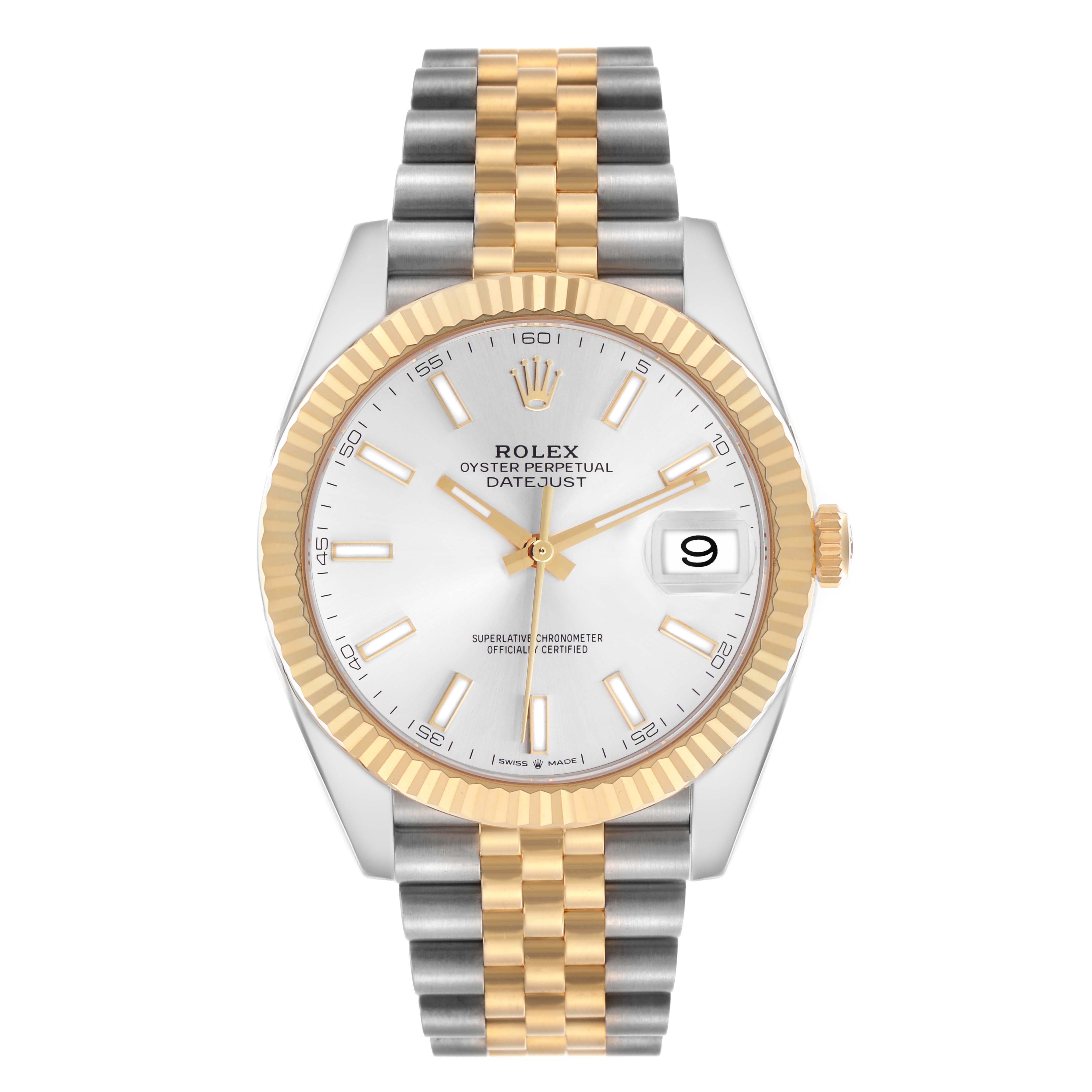The Rolex Datejust 41 126333 Men
s Steel and Gold (two tone) Silver Dial 126333 Men
s Steel and Gold (two tone) Silver Dial is shown from the front, highlighting its fluted bezel, dial, and Jubilee bracelet.