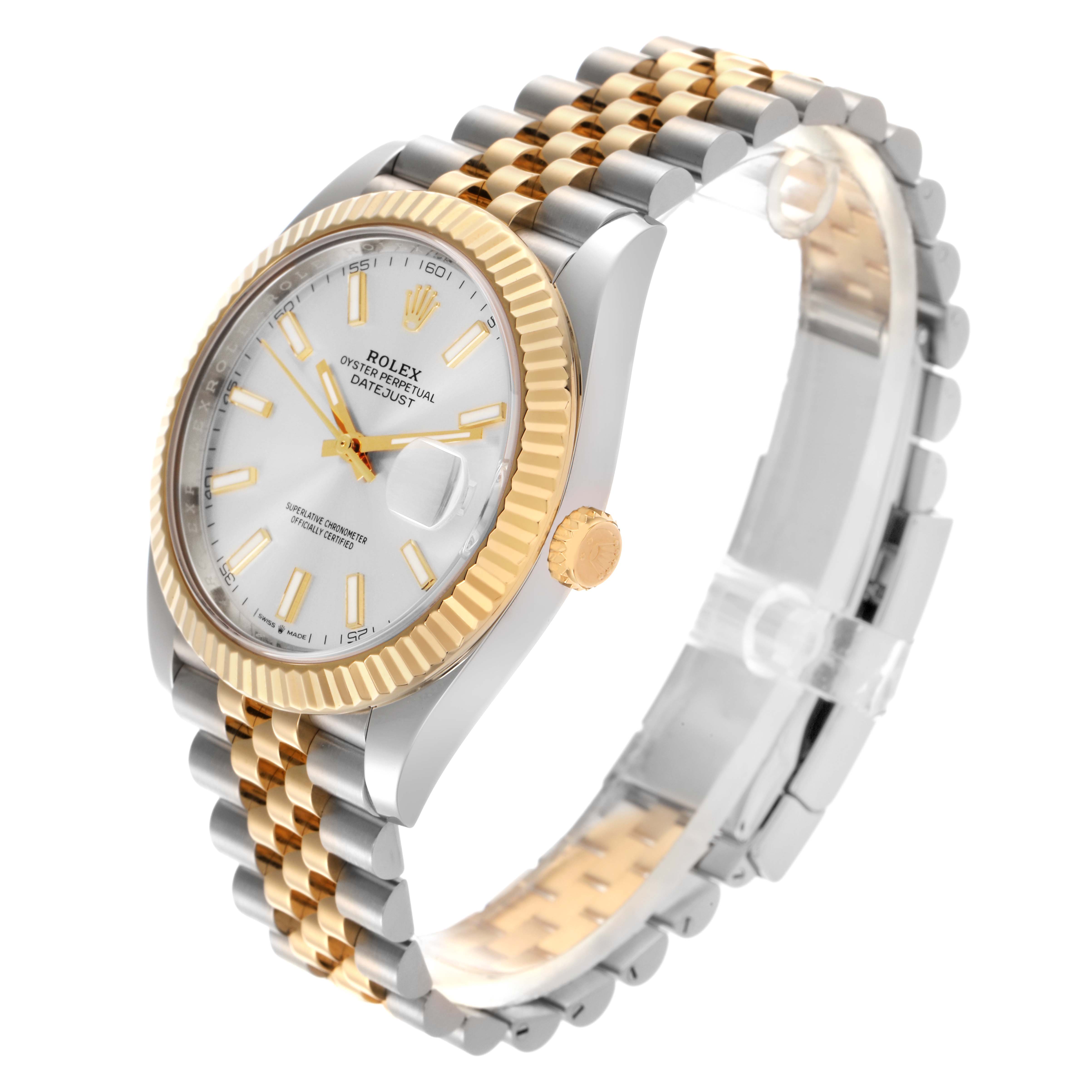 The Rolex Datejust 41 126333 Men
s Steel and Gold (two tone) Silver Dial 126333 Men
s Steel and Gold (two tone) Silver Dial is shown at an angled side view, highlighting the face, bezel, crown, and part of the bracelet.