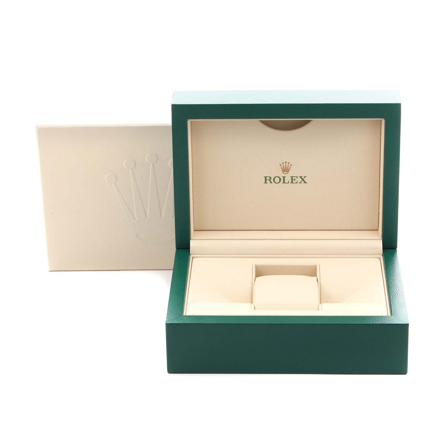 The image shows an open green Rolex watch box for the Datejust 41 model, including its cream interior and cushion.