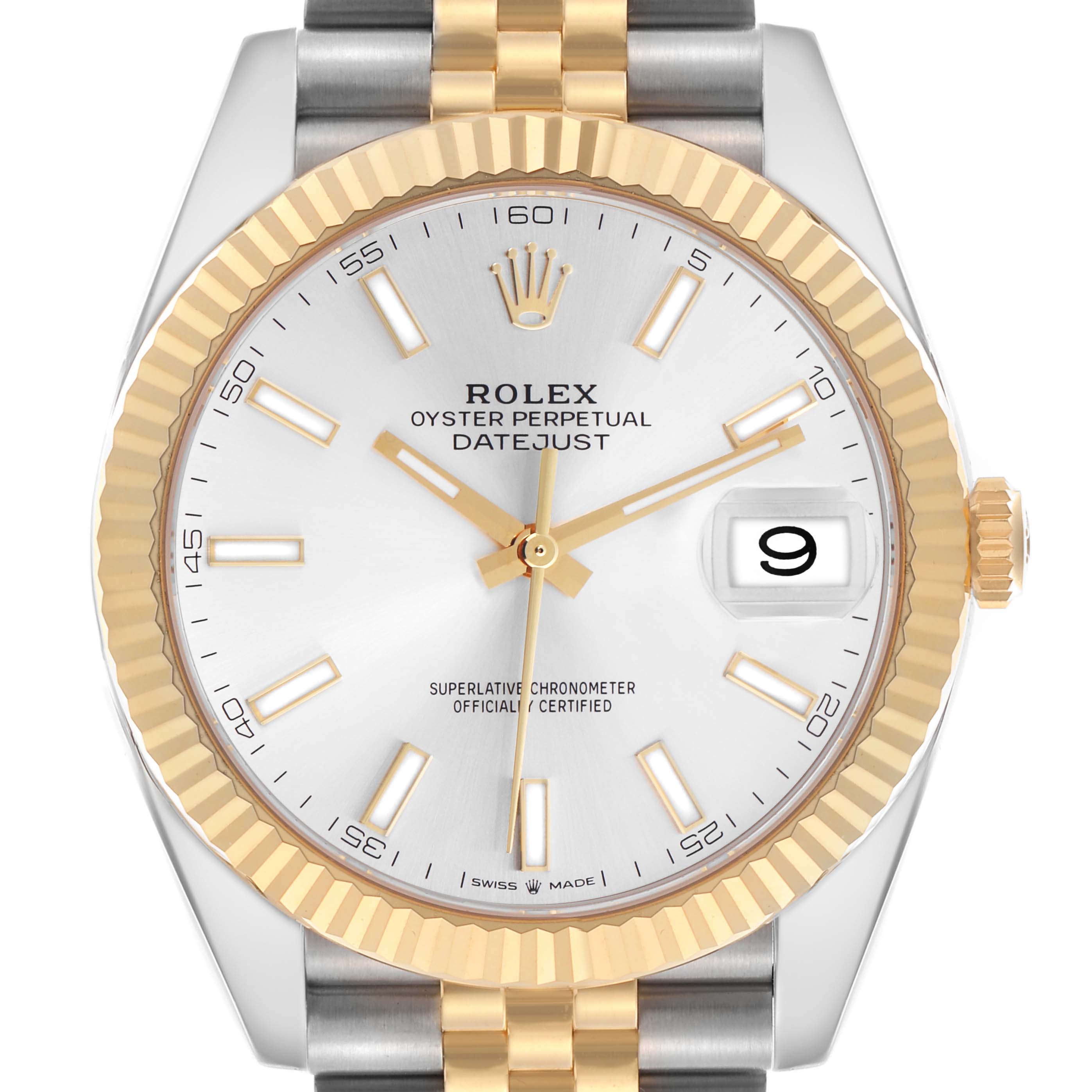The Rolex Datejust 41 126333 Men
s Steel and Gold (two tone) Silver Dial 126333 Men
s Steel and Gold (two tone) Silver Dial is shown from the front, highlighting the dial, bezel, crown, and part of the bracelet.