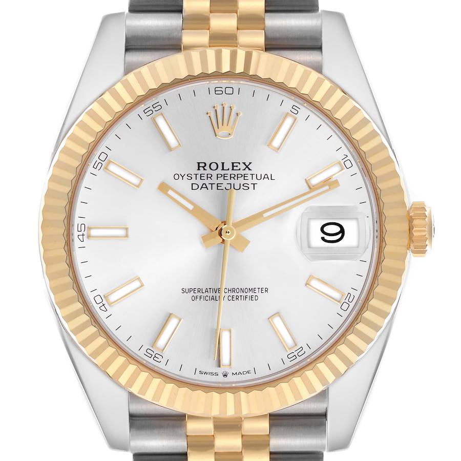 The Rolex Datejust 41 is shown from the front, highlighting the dial, bezel, crown, and part of the bracelet.