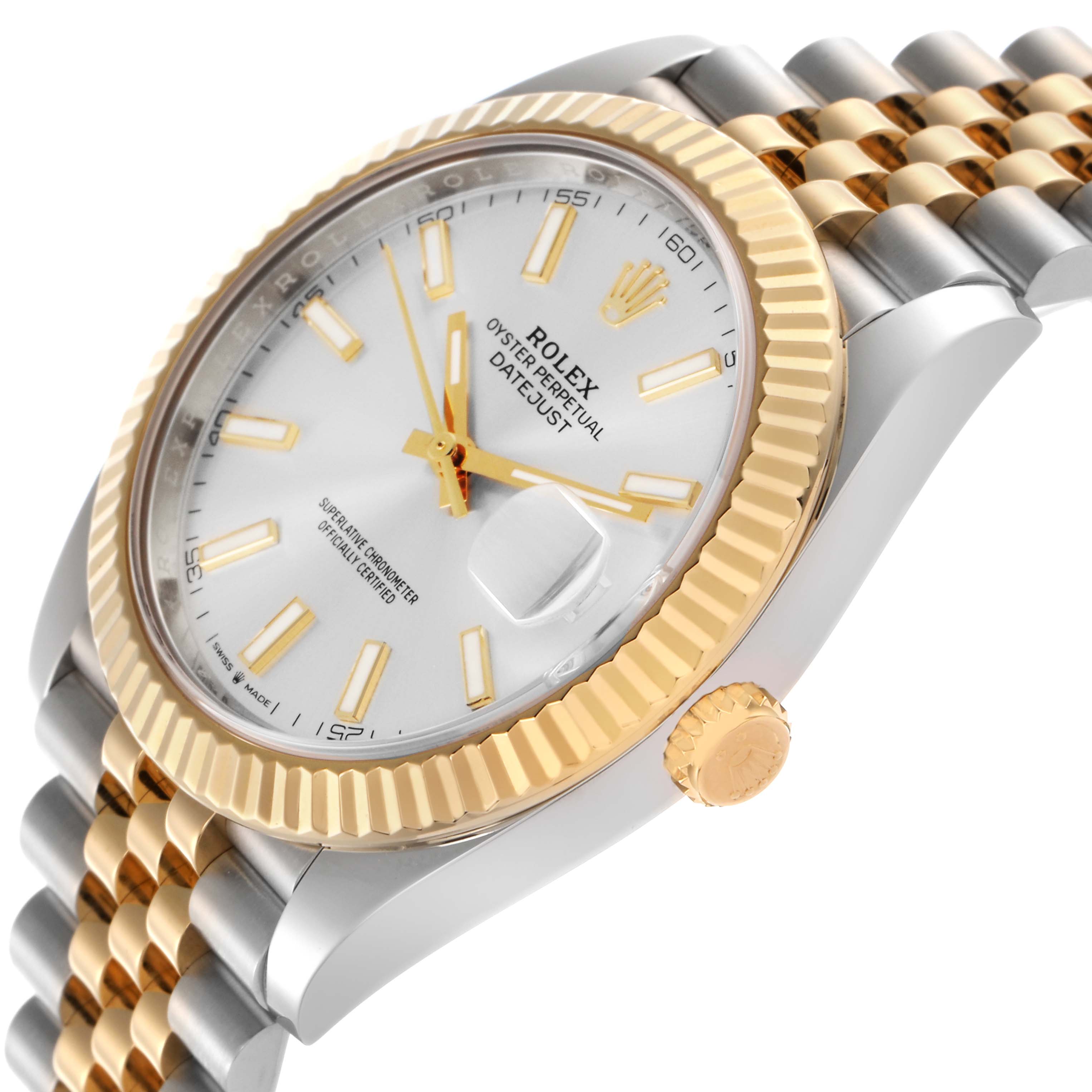 The Rolex Datejust 41 126333 Men
s Steel and Gold (two tone) Silver Dial 126333 Men
s Steel and Gold (two tone) Silver Dial is shown at an angle highlighting its dial, gold fluted bezel, and Jubilee bracelet.