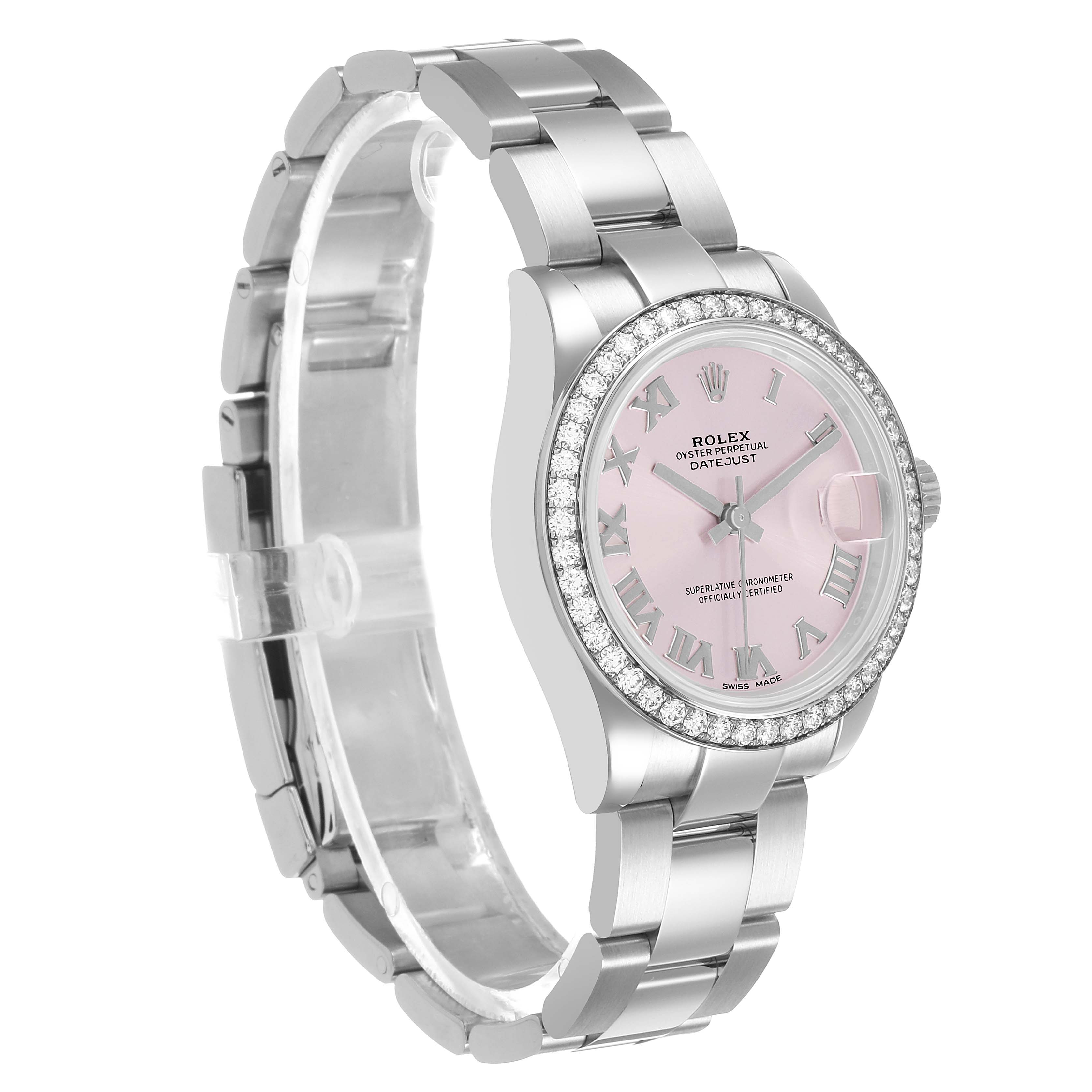 The Rolex Datejust 178384 Women's Stainless Steel Pink Dial watch is shown at a three-quarter angle, displaying the bracelet, bezel, and dial with Roman numerals.