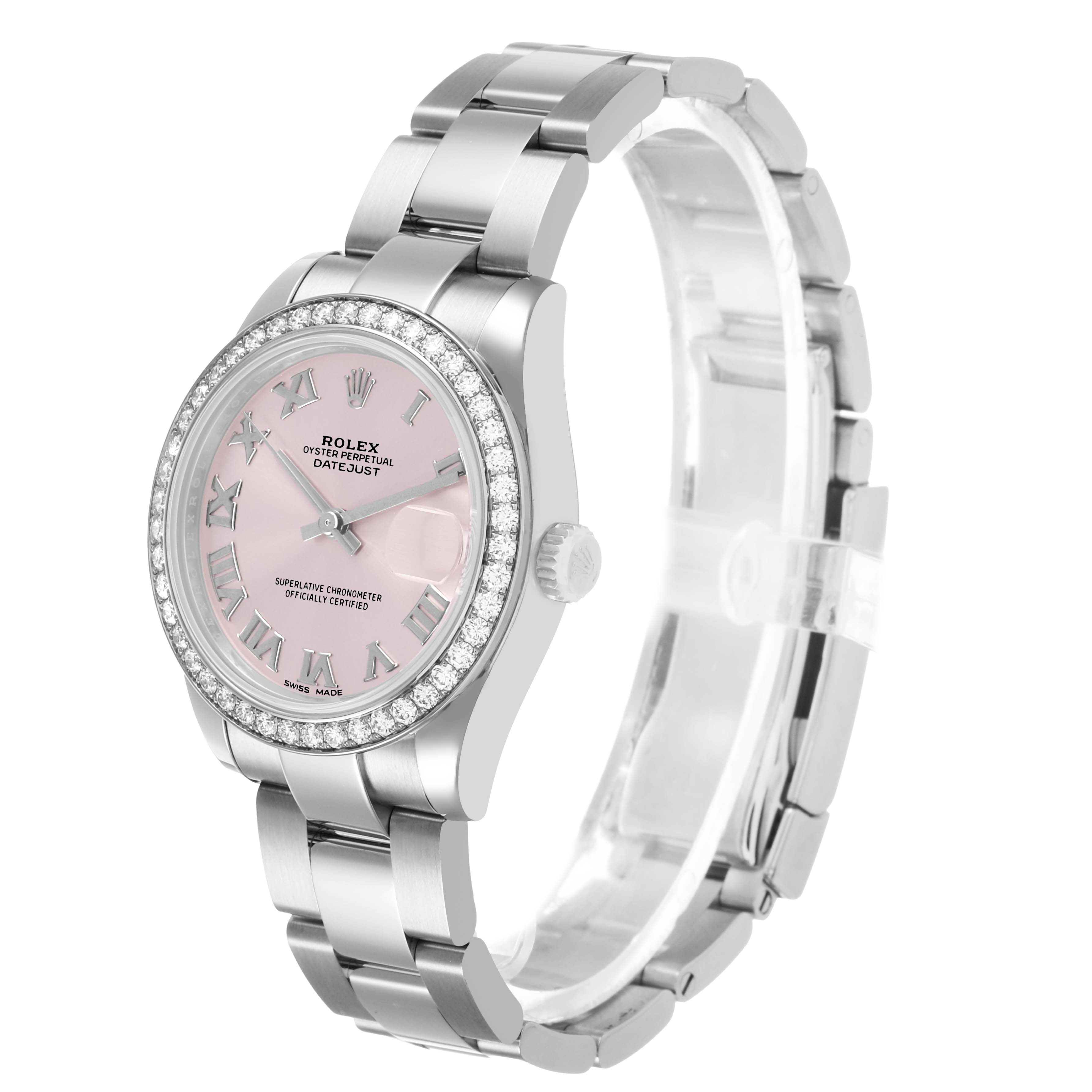 The Rolex Datejust 178384 Women's Stainless Steel Pink Dial watch is shown at a slight angle, highlighting the face, bezel, bracelet, and crown.