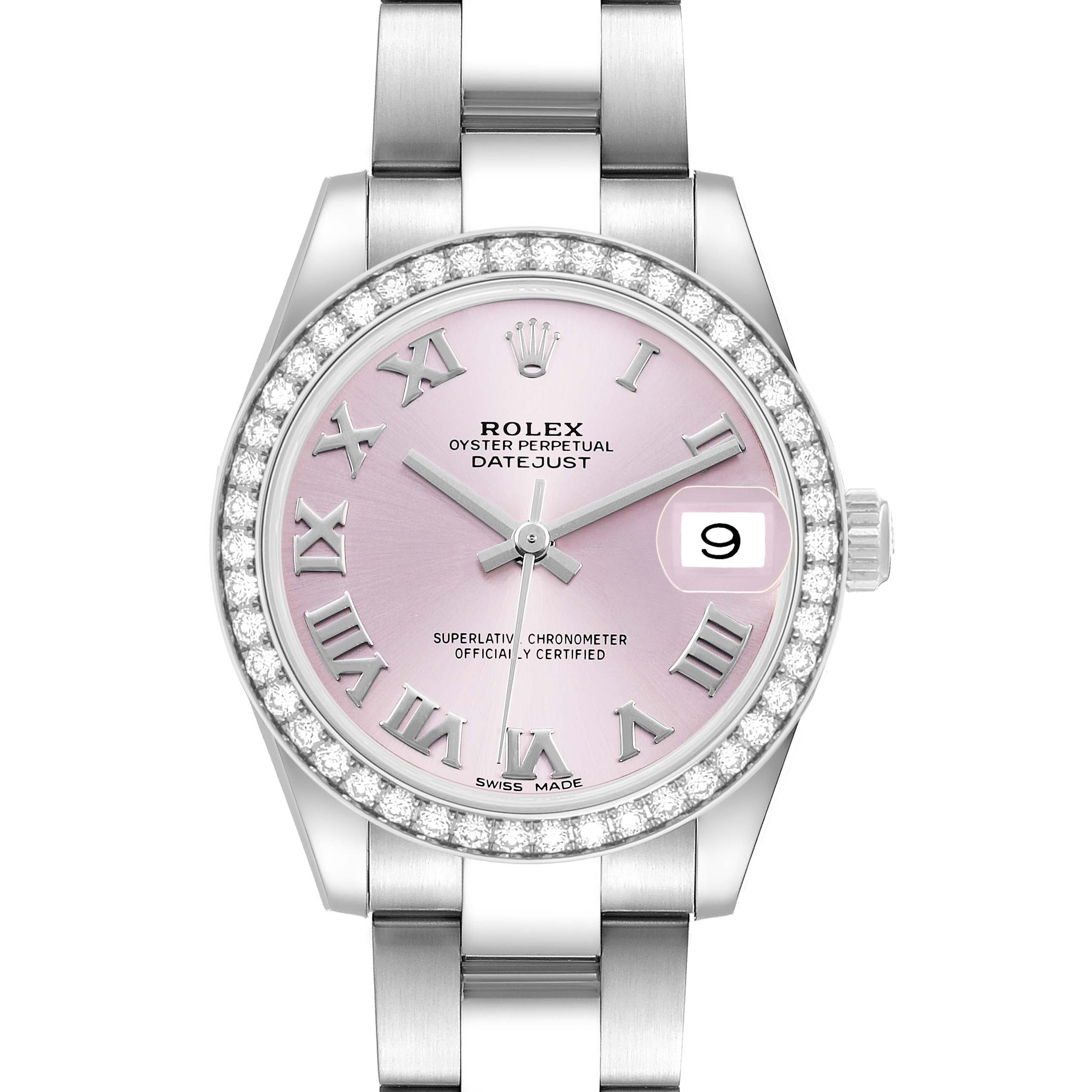 The Rolex Datejust 178384 Women's Stainless Steel Pink Dial watch is shown from a front view, displaying the bezel, bracelet, pink dial, and date window.