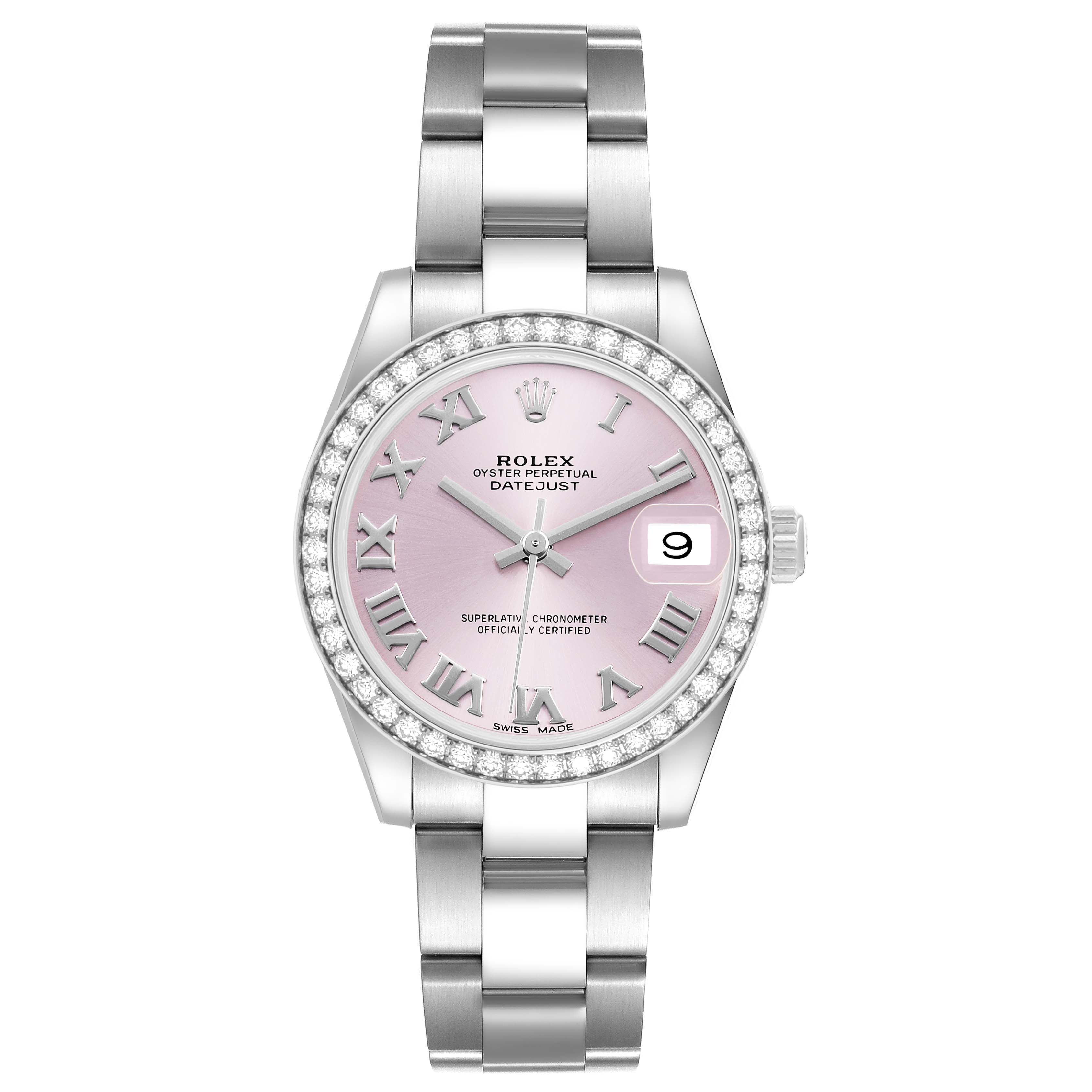 The Rolex Datejust 178384 Women's Stainless Steel Pink Dial watch is shown from the front, displaying its pink dial, diamond bezel, and metal bracelet.