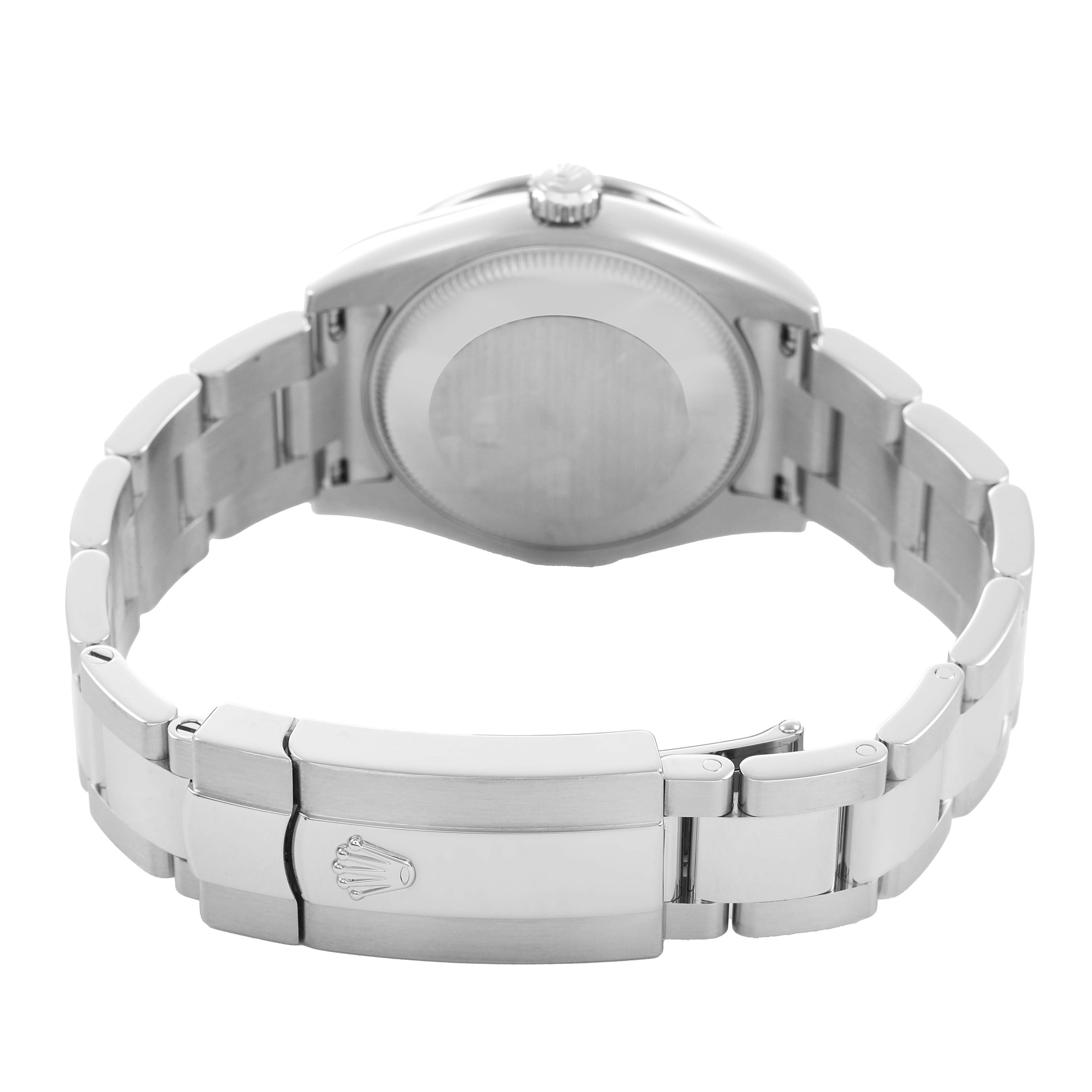 The image shows the back view of a Rolex Datejust 178384 Women's Stainless Steel Pink Dial watch, highlighting the clasp, bracelet, and case back.