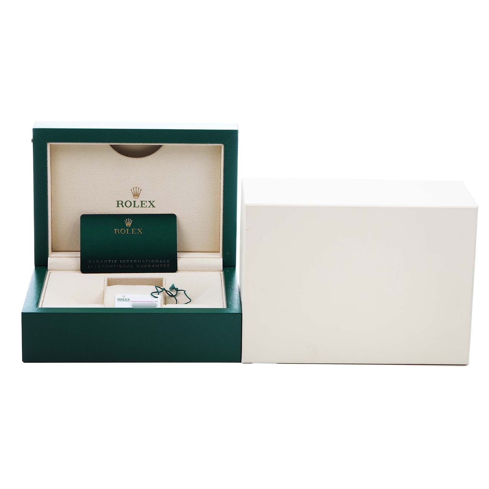 The image shows the open packaging and accessories for a Rolex Datejust 178384 Women's Stainless Steel Pink Dial watch, including a box and guarantee card.