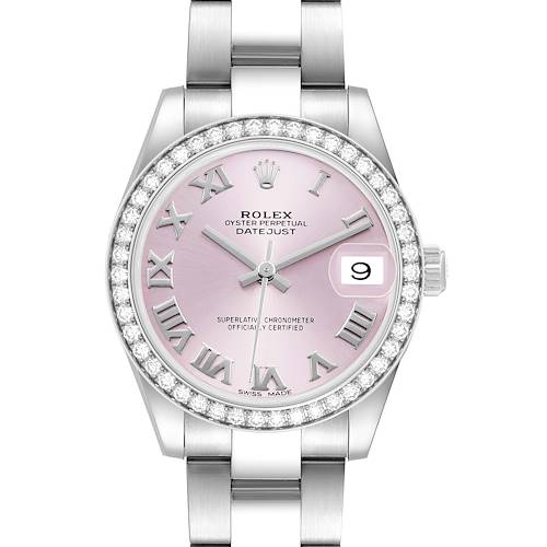 The Rolex Datejust 178384 Women's Stainless Steel Pink Dial watch is shown from a top-down view, highlighting the pink dial, diamond bezel, and jubilee bracelet.