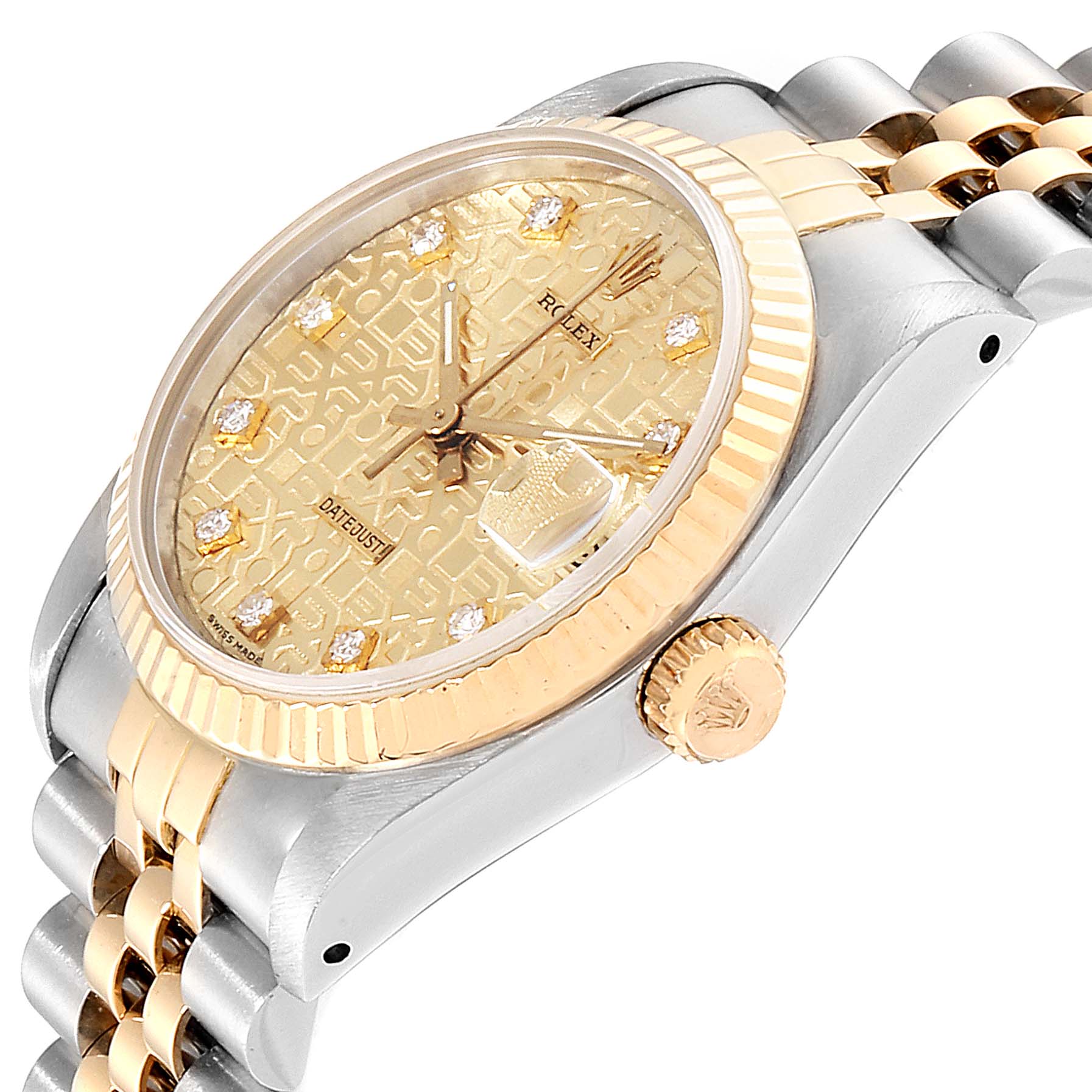 The image shows a side angle of a Rolex Mid-Size 68273 Women
s Steel and Gold (two tone) Champagne Dial 68273 Women
s Steel and Gold (two tone) Champagne Dial Datejust watch highlighting the gold dial, crown, and two-tone bracelet.