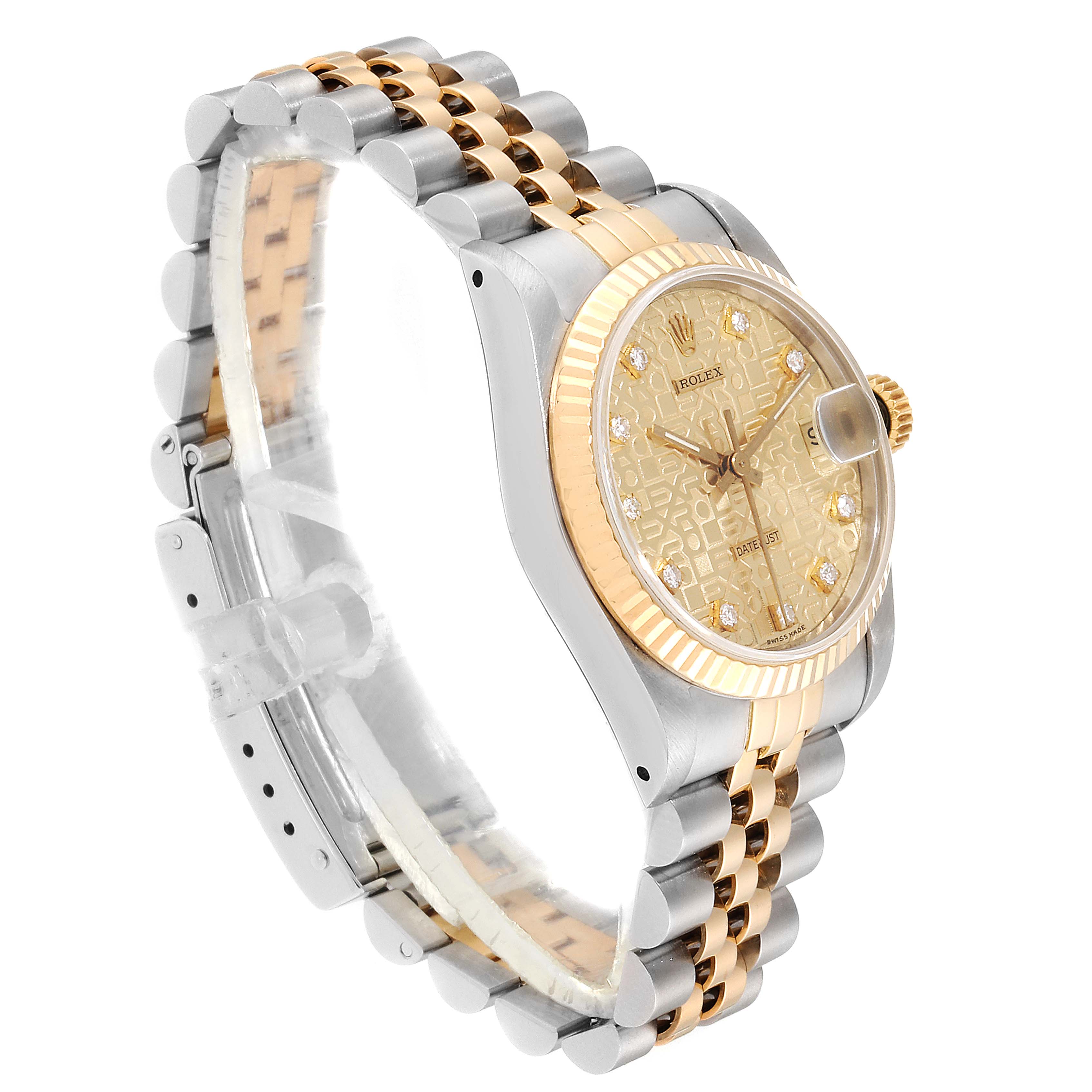 The image shows a side view of a Mid-Size Rolex watch, highlighting its gold and silver band, dial, and crown.