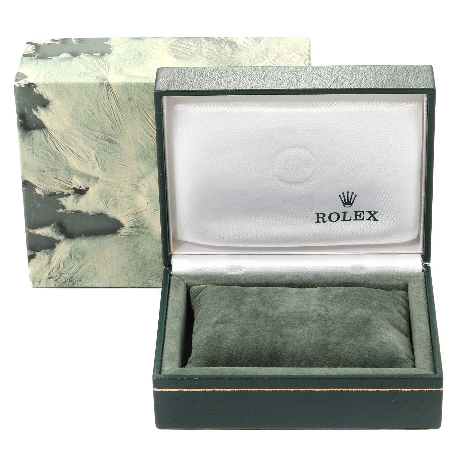 The image shows an empty Rolex Mid-Size 68273 Women
s Steel and Gold (two tone) Champagne Dial 68273 Women
s Steel and Gold (two tone) Champagne Dial model watch box and its outer packaging from a front angle.