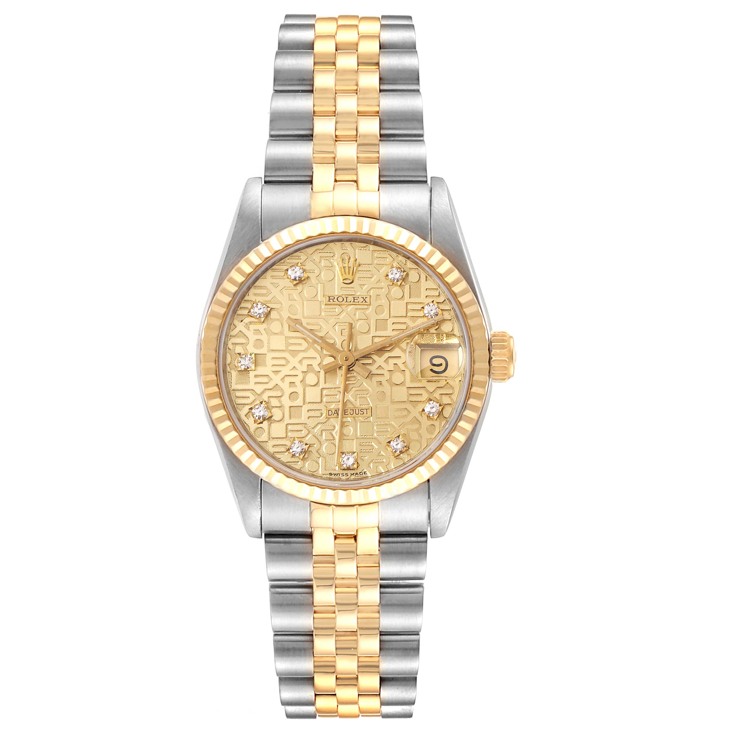 The image shows a front view of a Mid-Size Rolex with a gold and silver bracelet, and a gold textured dial with diamond hour markers.