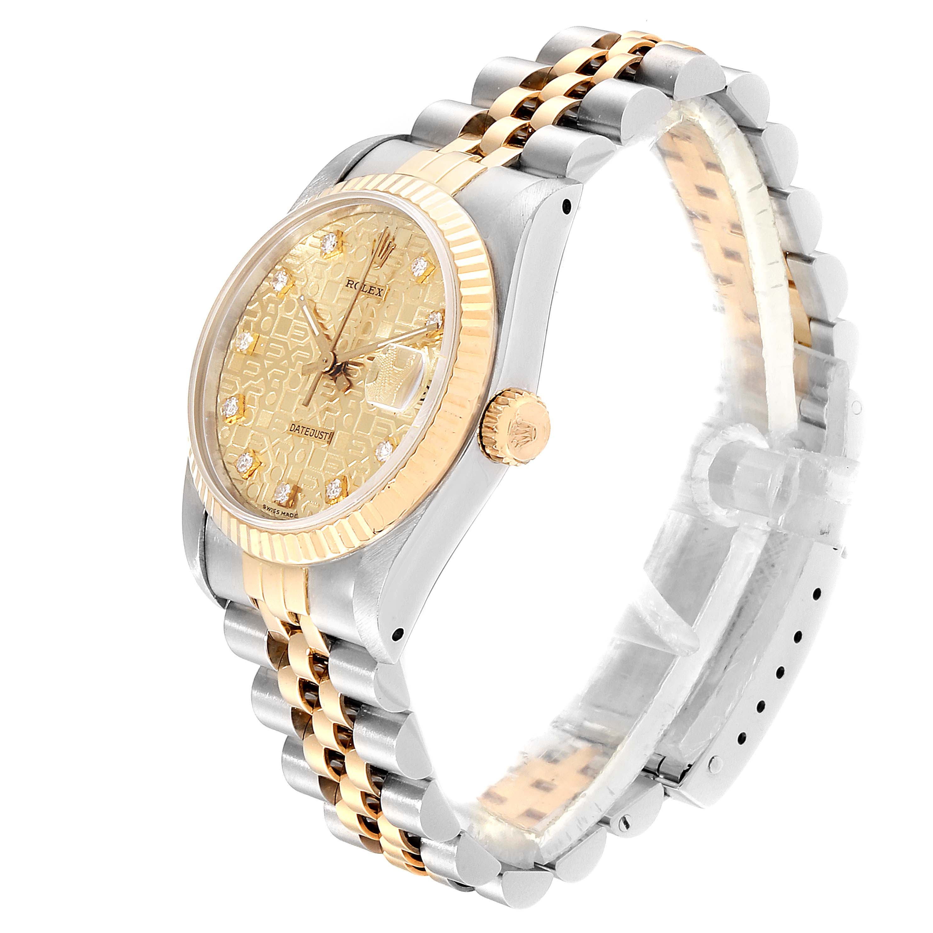 The image shows a side view of a Rolex Mid-Size 68273 Women
s Steel and Gold (two tone) Champagne Dial 68273 Women
s Steel and Gold (two tone) Champagne Dial model wristwatch, highlighting its gold dial, bezel, and two-tone bracelet.