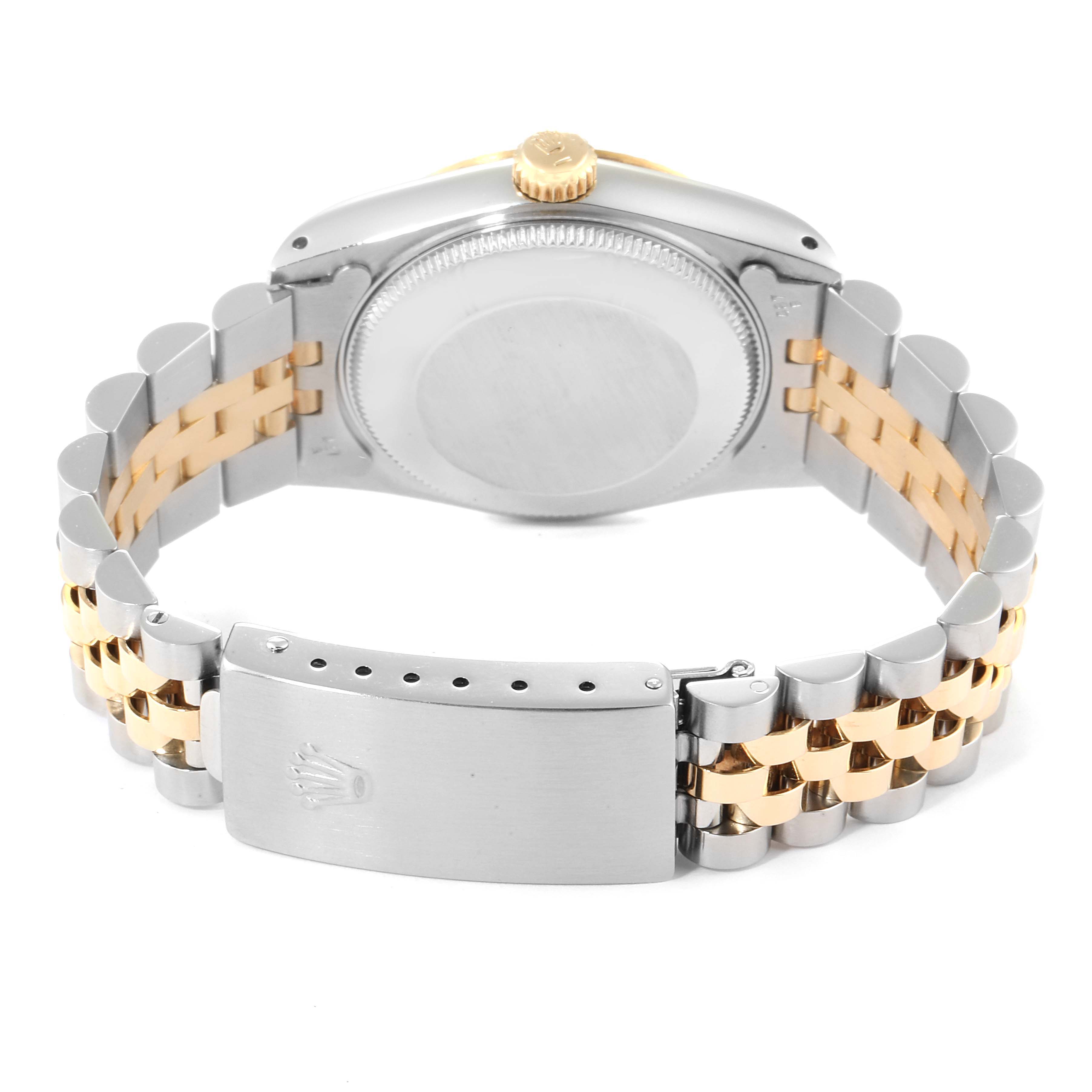 The image shows the back case and bracelet of a Mid-Size Rolex watch with a two-tone metal design.
