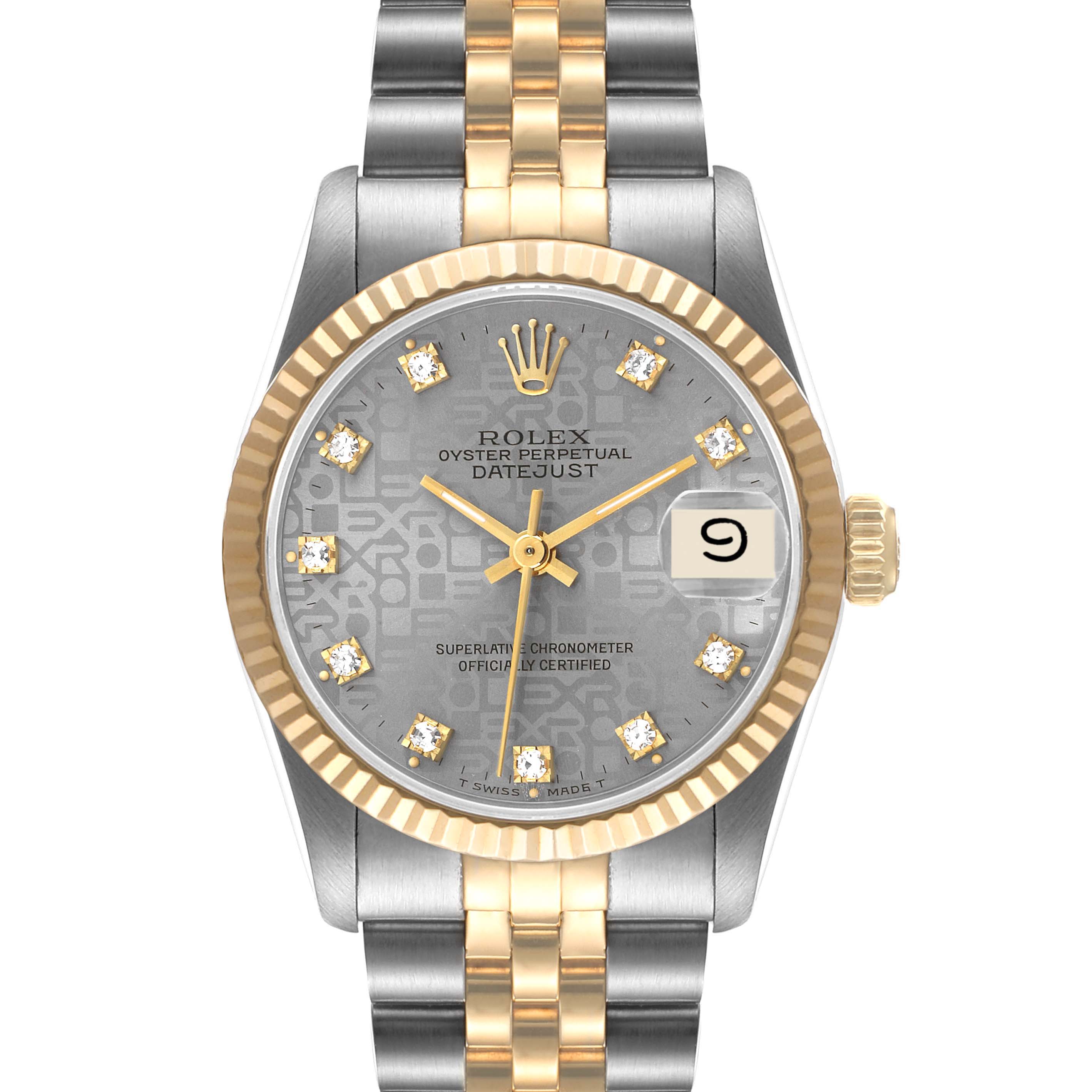 This is a front view of a Rolex Mid-Size 68273 Women's Steel and Gold (two tone) Grey Dial 68273 Women's Steel and Gold (two tone) Grey Dial Datejust watch, showcasing its face, dial, bezel, crown, and bracelet.