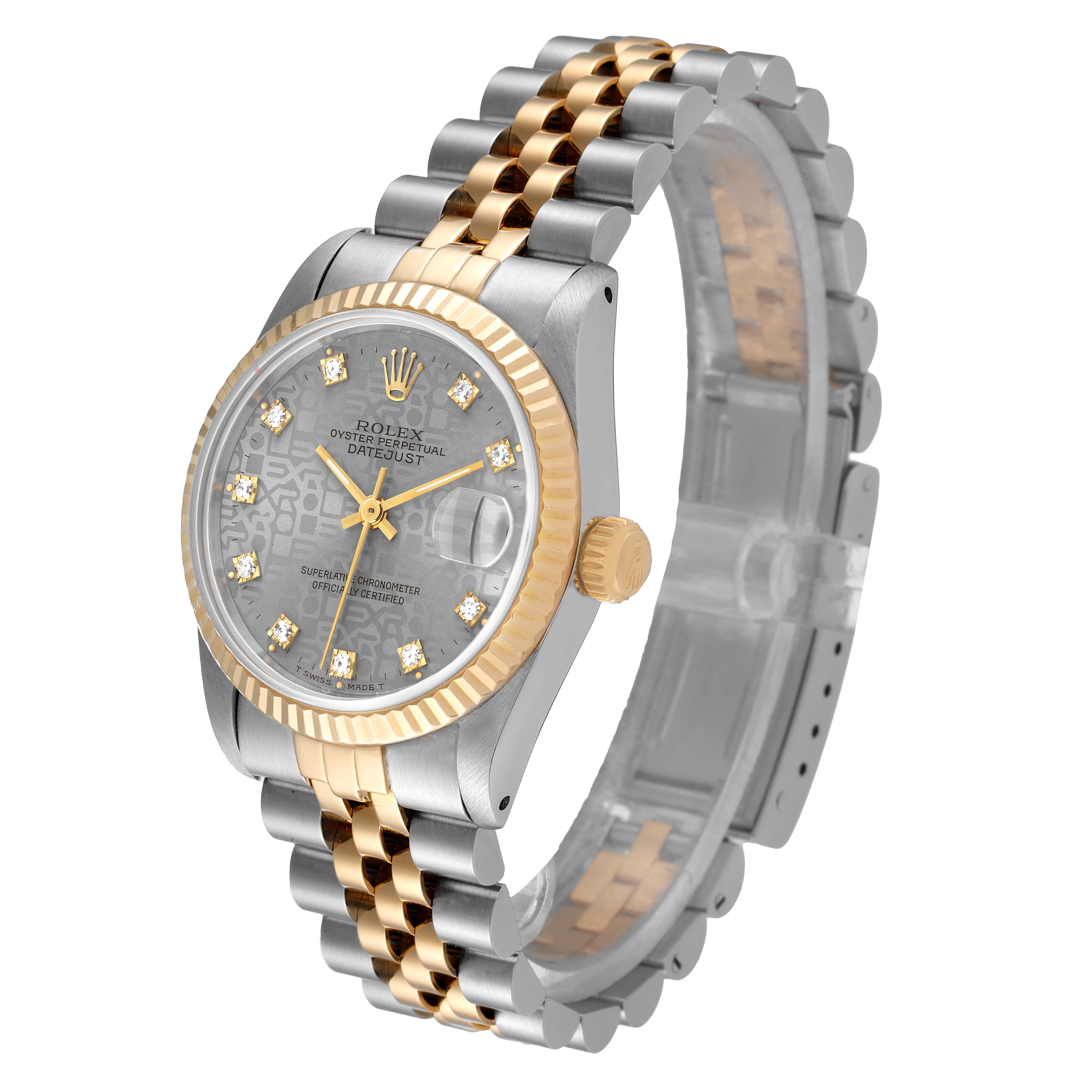 The Rolex Mid-Size 68273 Women's Steel and Gold (two tone) Grey Dial 68273 Women's Steel and Gold (two tone) Grey Dial model watch is shown from a front-side angle, highlighting its bezel, dial, bracelet, and crown.