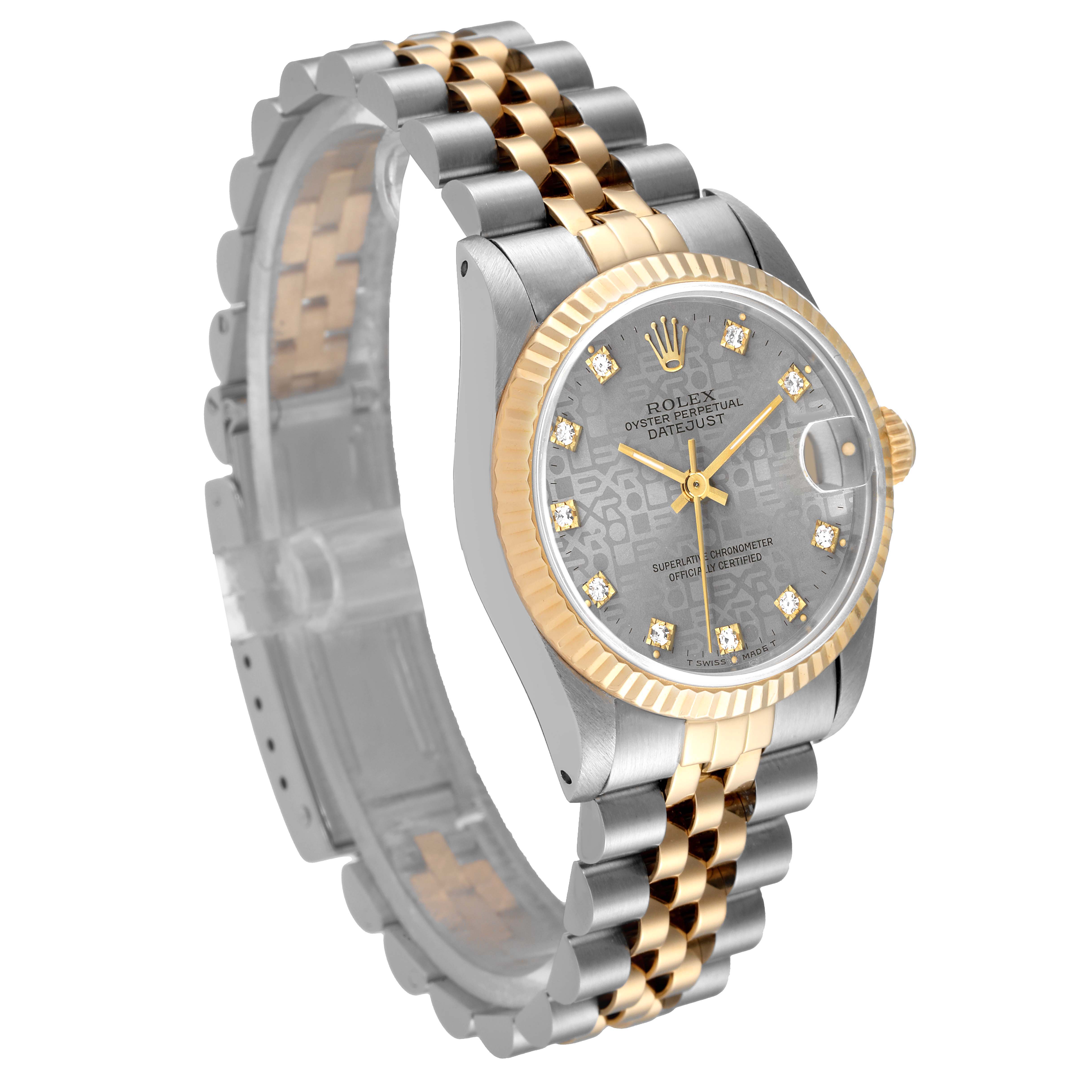 The image shows a Rolex Mid-Size 68273 Women's Steel and Gold (two tone) Grey Dial 68273 Women's Steel and Gold (two tone) Grey Dial watch at a three-quarter angle with a two-tone band and a diamond-accented dial.