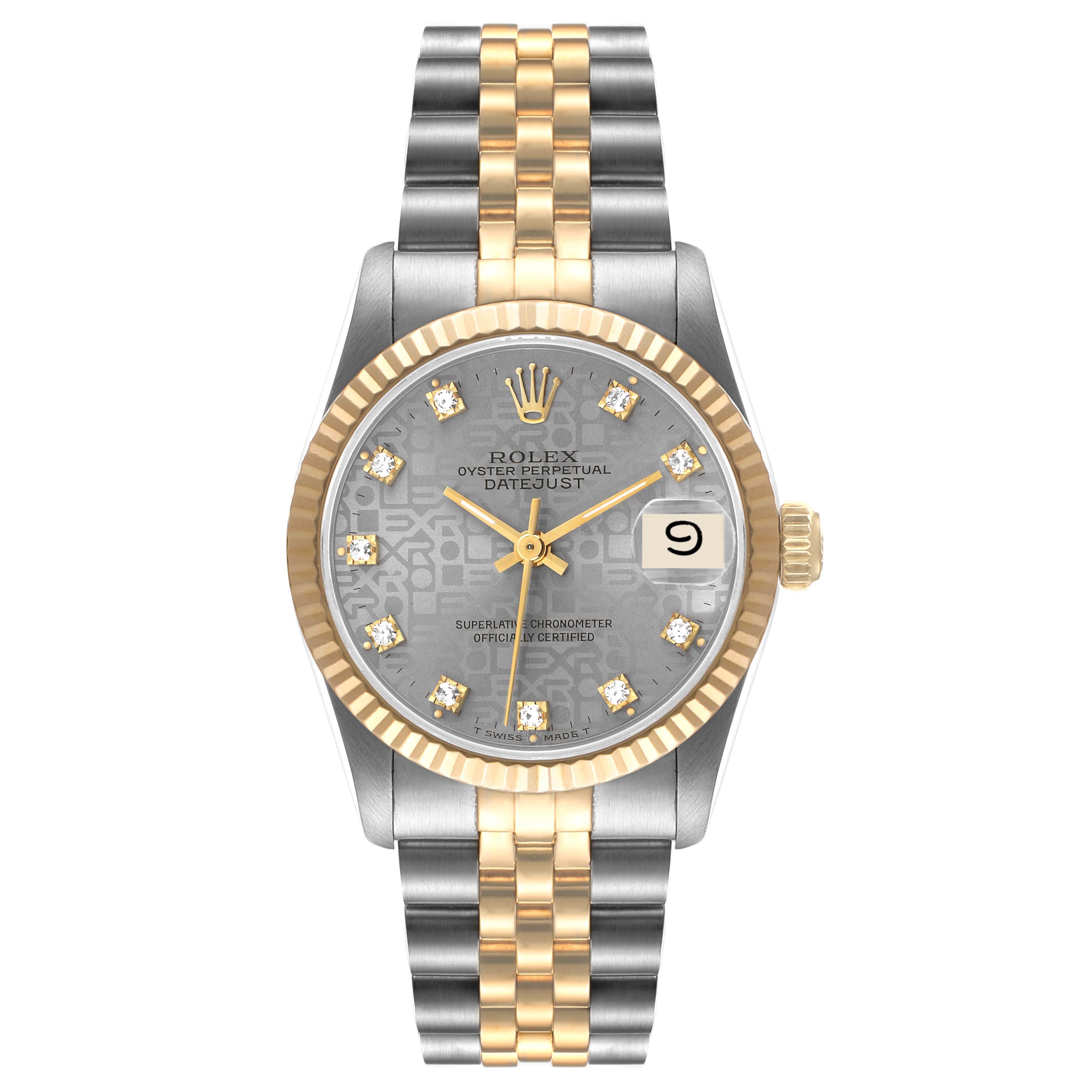 The image shows a front view of a Rolex Mid-Size 68273 Women's Steel and Gold (two tone) Grey Dial 68273 Women's Steel and Gold (two tone) Grey Dial Datejust watch featuring a two-tone bracelet and a diamond-studded dial.