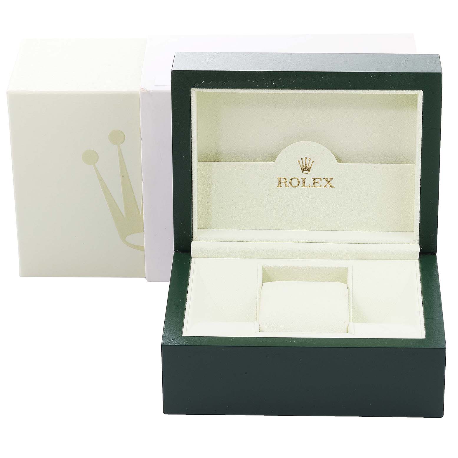 This is an open Rolex watch box from a Mid-Size model, displaying the padded interior and the crown logo.