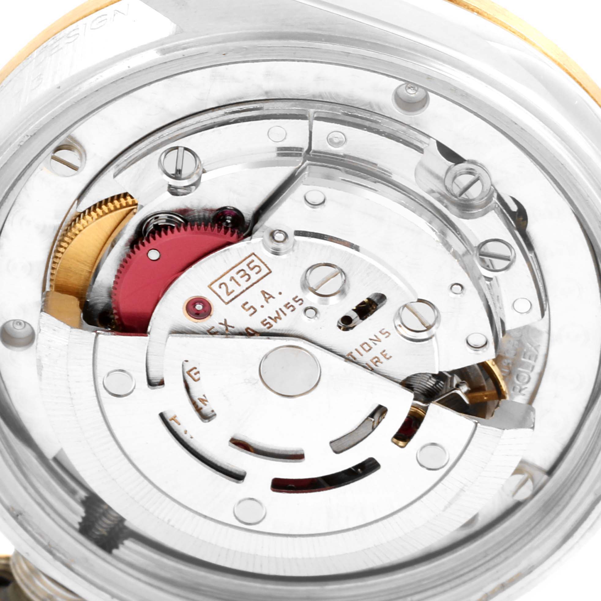This image shows the internal mechanical movement of a Rolex Mid-Size 68273 Women's Steel and Gold (two tone) Grey Dial 68273 Women's Steel and Gold (two tone) Grey Dial model watch from a top-down angle.