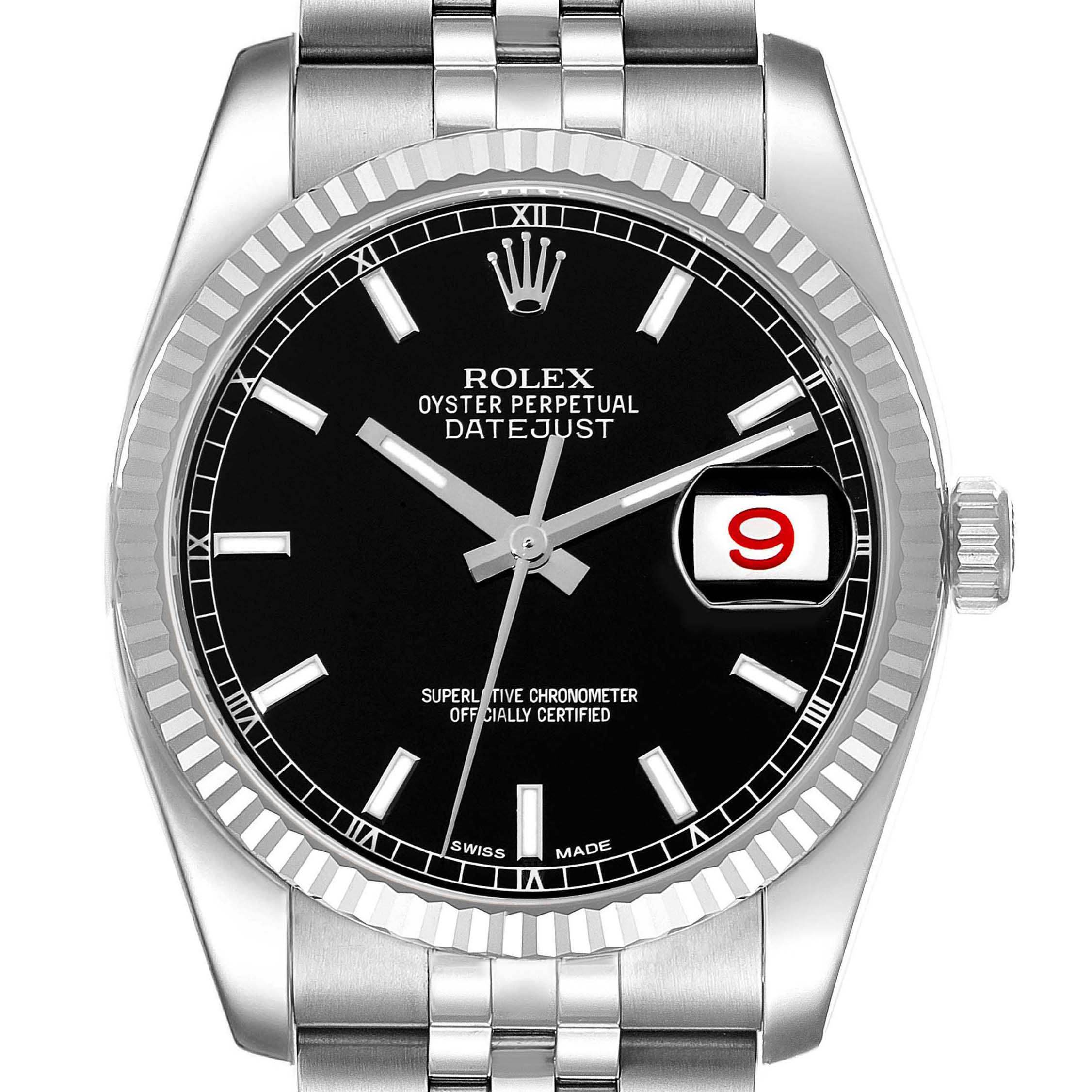 This image shows a front view of a Rolex Datejust 116234 Men's Stainless Steel Black Dial 116234 Men's Stainless Steel Black Dial watch, highlighting its black dial, fluted bezel, and Jubilee bracelet.