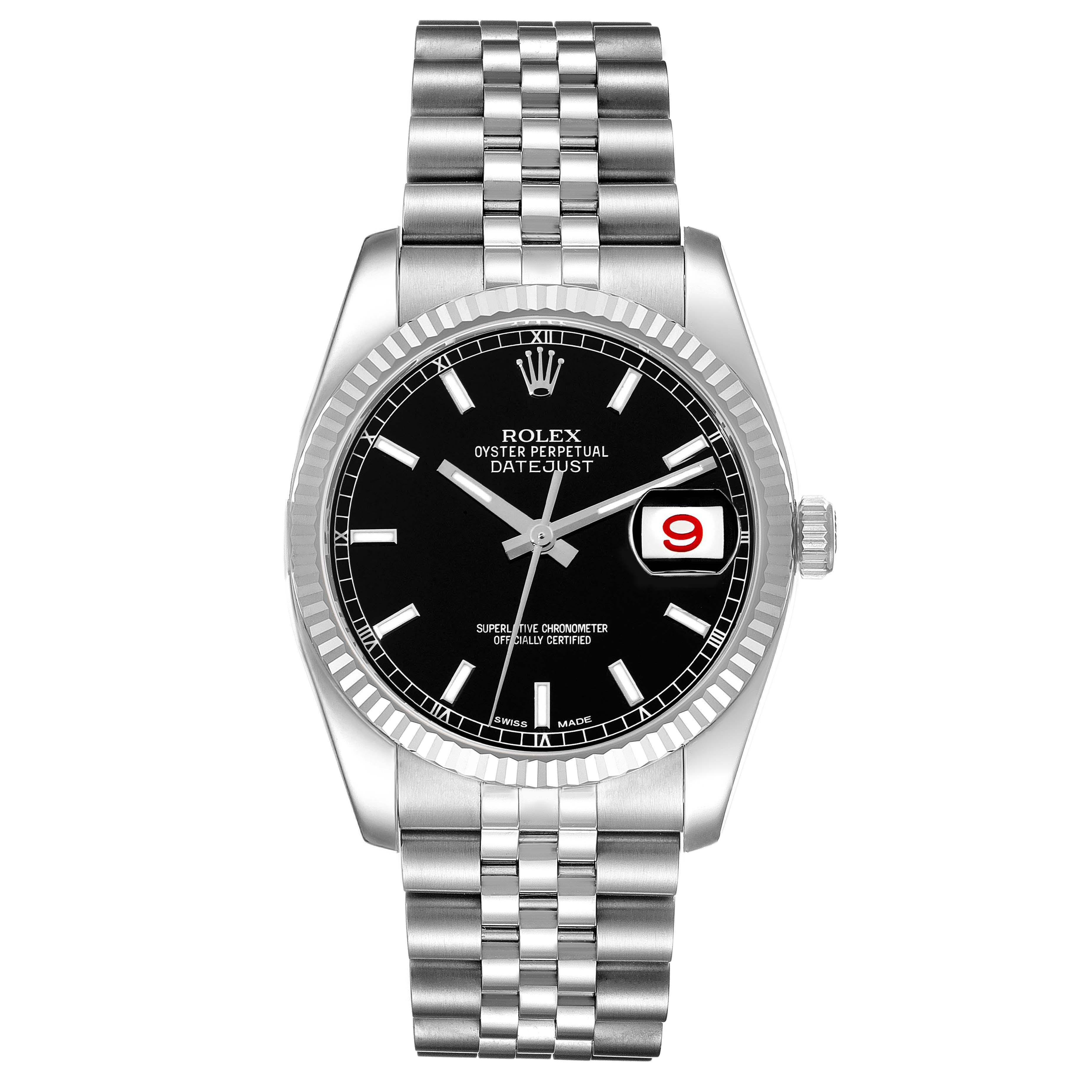 The image shows a frontal view of a Rolex Datejust 116234 Men's Stainless Steel Black Dial 116234 Men's Stainless Steel Black Dial watch, displaying the black dial, date window, and jubilee bracelet.