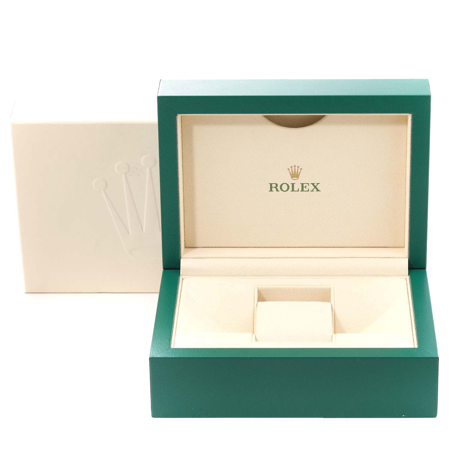 This image shows an open green Rolex Datejust 116234 Men's Stainless Steel Black Dial 116234 Men's Stainless Steel Black Dial watch box with a luxurious beige interior, alongside its outer packaging.