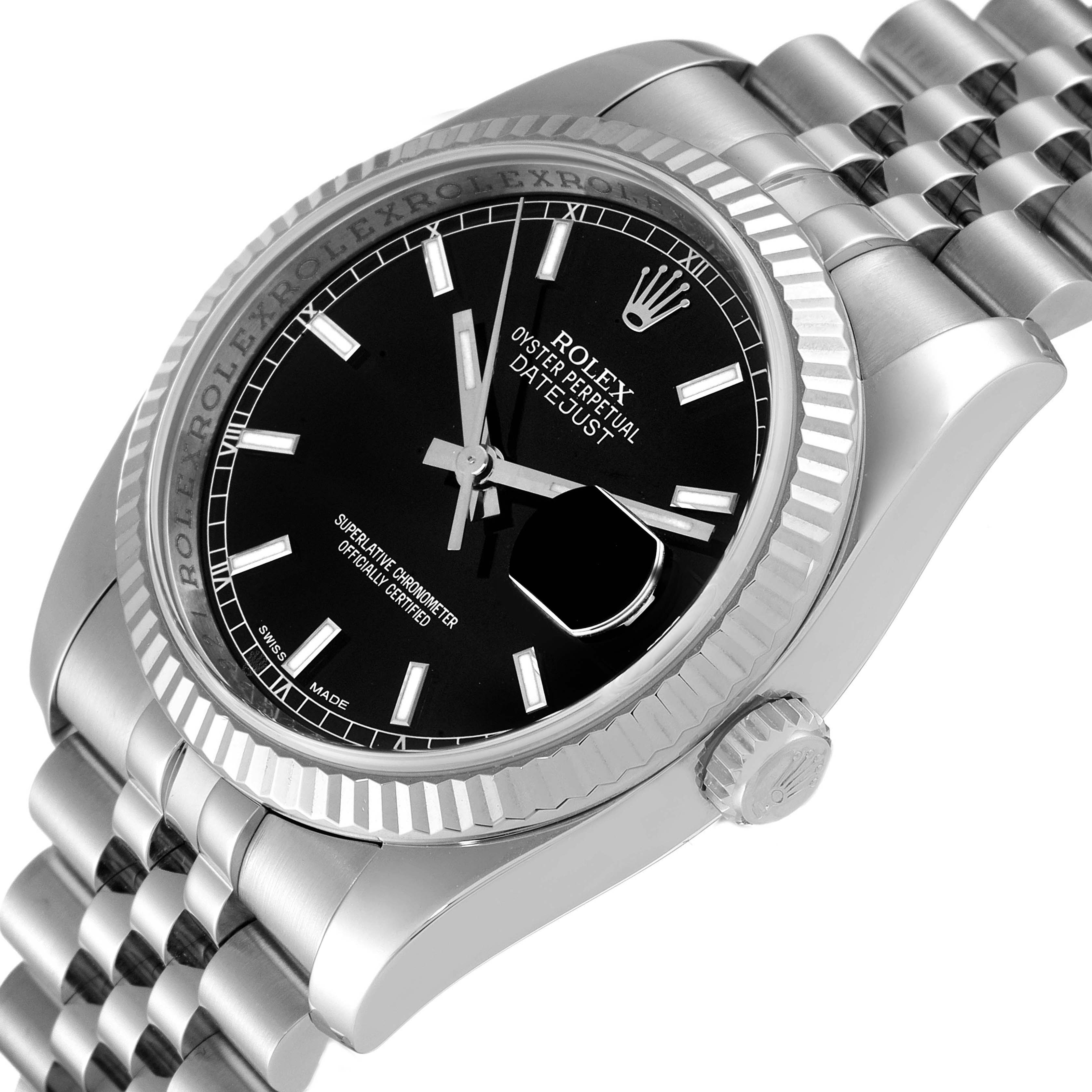 This image shows a close-up angle of the Rolex Datejust 116234 Men's Stainless Steel Black Dial 116234 Men's Stainless Steel Black Dial, focusing on the watch face, bezel, crown, and bracelet.
